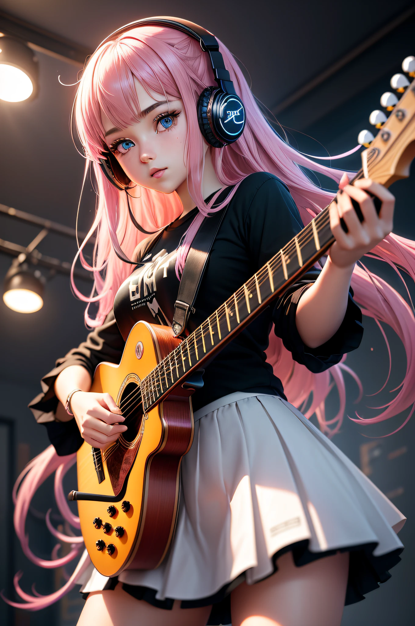 1girl, ((cinematic light)), colorful, hyper detail, dramatic light, intricate details, best quality, (extremely detailed CG unity 8k wallpaper, masterpiece, best quality, ultra-detailed, best shadow), (detailed background:1.4), (beautiful detailed face, beautiful detailed eyes), High contrast, (best illumination, an extremely delicate and beautiful),(girl:1.5), solo, black skirt, blue eyes, electric guitar, guitar, headphones, holding, holding plectrum, instrument, long hair, music, one side up, pink hair, playing guiter, pleated skirt, black shirt, indoors ((caustic)), dynamic angle,beautiful detailed glow,full body, cowboy shot,