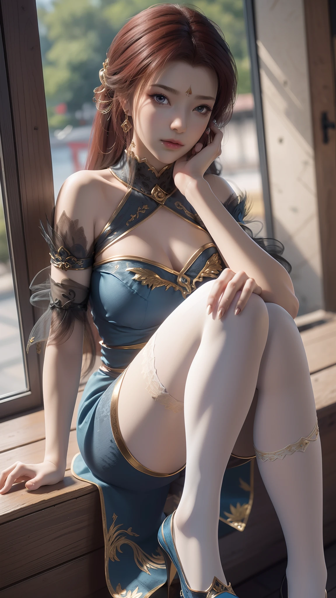 Arad woman in blue dress sitting on windowsill, cute anime waifu in a nice dress, trending on cgstation, 8K high quality detailed art, anime barbie in white stockings, highly detailed exquisite fanart, Extremely detailed Artgerm, the anime girl is crouching, flowing magical robe, beautiful and seductive anime woman, WLOP and Sakimichan