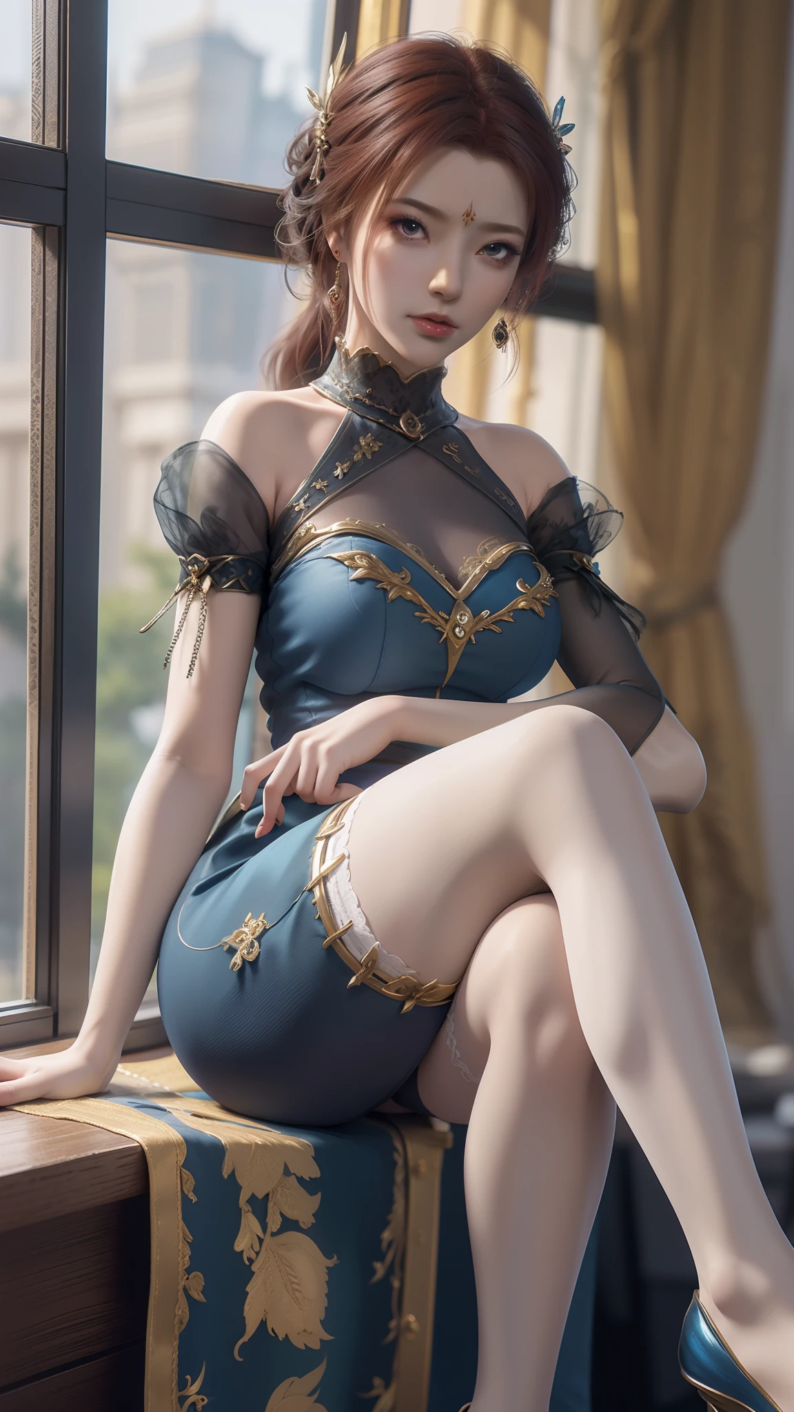 Arad woman in blue dress sitting on windowsill, cute anime waifu in a nice dress, trending on cgstation, 8K high quality detailed art, anime barbie in white stockings, highly detailed exquisite fanart, Extremely detailed Artgerm, the anime girl is crouching, flowing magical robe, beautiful and seductive anime woman, WLOP and Sakimichan