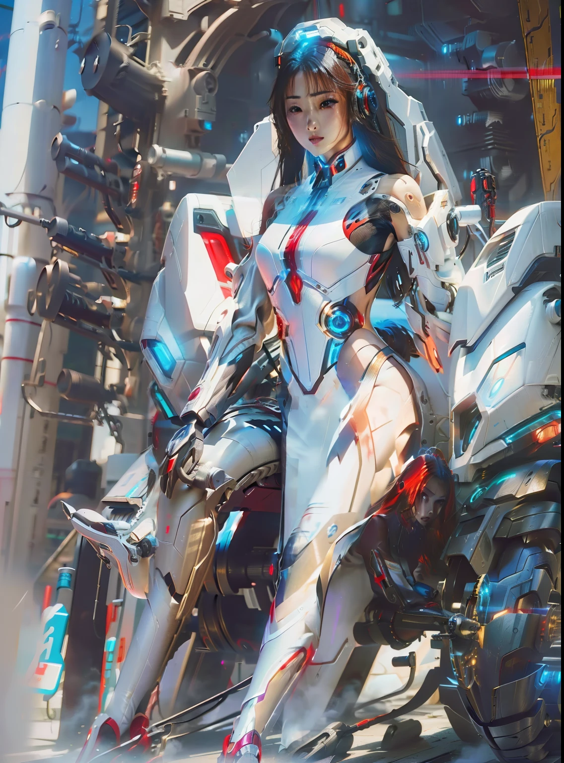 Masterpiece, Best Quality, Girls , Slender, red Eyes, Hair Color, Iridescent, mech body, Long Hair Spreading, cyberpunk guns , White Skin, Medium, Cute, Sexy, Exposed Skin, Night, Psychedelic, Trip, Extreme Color, Paisley Theme,  Legs, , Full Body