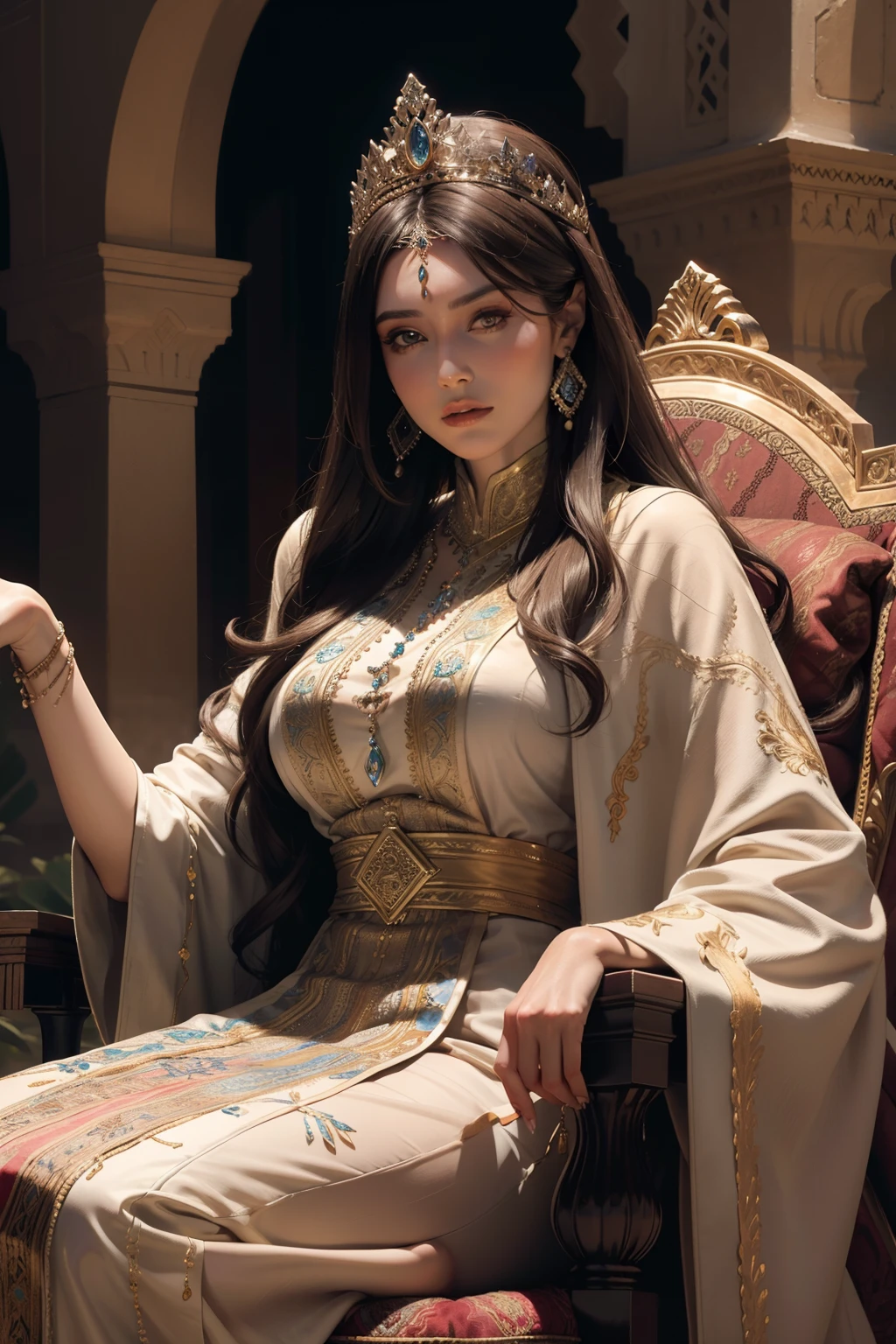 Mature woman face super detailed hyper realistic masterpiece wears a full caftan outfit sitting in a large legendary throne Moroccan environment Hyper realistic super detailed details