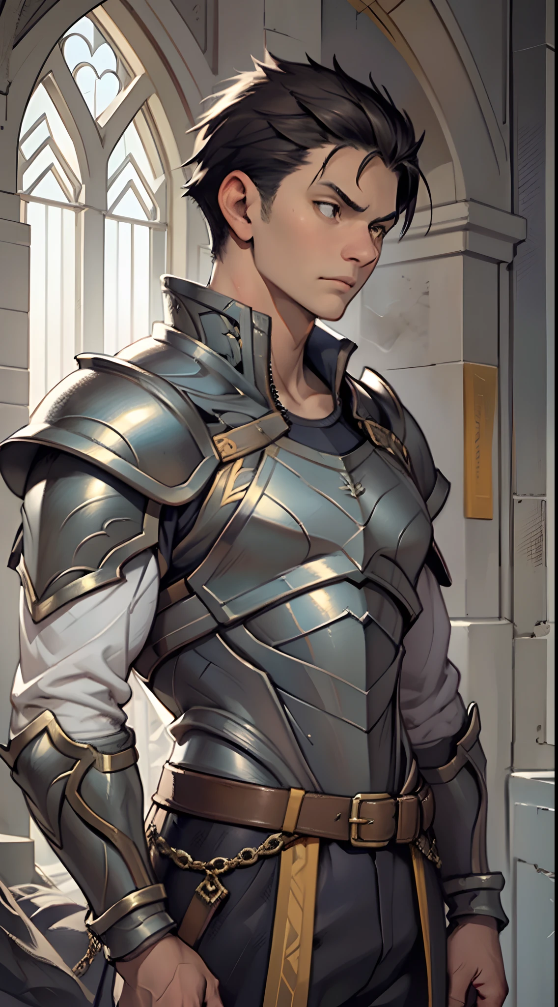 Portrait of a man, 1boy, Solo, Stand quietly, Heroes, A hero never seen before, jawline, Male, Epic, Handsome, prince, warrior, Silver armor, hyperdetailed 3d matte painting, cinemascope panoramic, awe inspiring, landscape, Natural skin texture, Sharp focus, ((Cinematic look)), insanely details, Intricate details, greg rutkovsky、Works of art by Caravaggio and Alphonse Mucha, analogue style, Castle, inside castle, Calm environment,