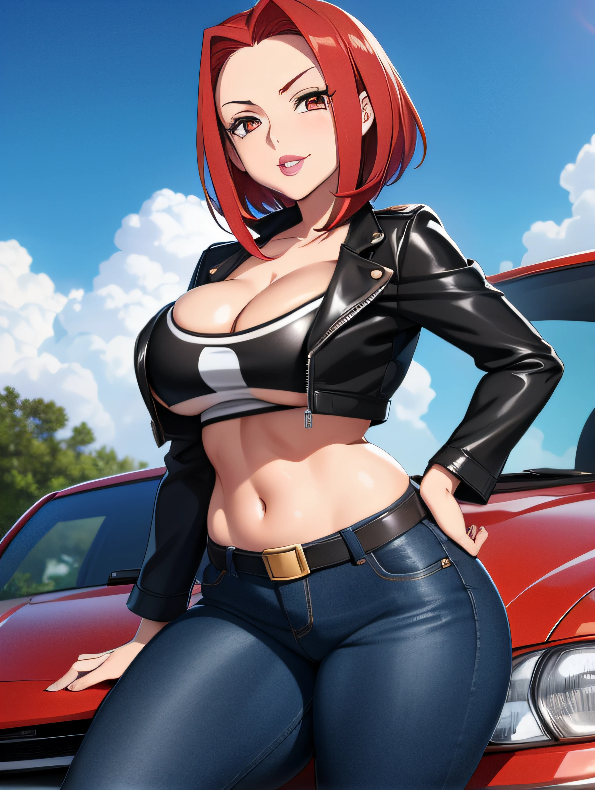 Code Geass, Kallen Stadfeldt 1girl, (((bimbo))), short red hair, puffy lips, painted lips, thick lips, wide hips, thick thighs, big breast, huge ass, revealing cleavage, erotic, Smile face, bubble butt, camel toe, Breasts, black leather jacket, white t shirt, blue jeans, posing in front of a car