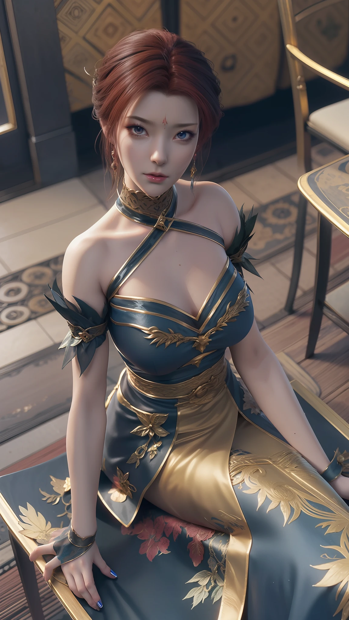 The Arad woman in a blue dress sits at the table, closeup fantasy with water magic, 2. 5 D CGI anime fantasy artwork, Anime fantasy illustration, Detailed digital anime art, beautiful fantasy anime, Smooth anime CG art, Anime fantasy artwork, 8K high quality detailed art, Realistic anime 3 D style, ultra detailed water, beautiful and seductive anime woman