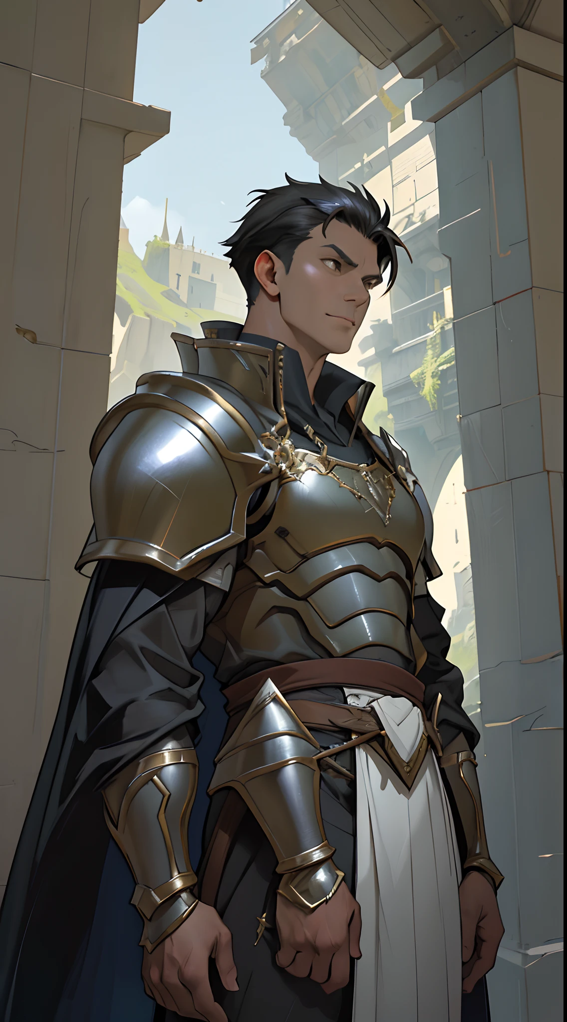 Portrait of a man, 1boy, Solo, Stand quietly, Heroes, A hero never seen before, jawline, Male, Epic, Handsome, prince, warrior, Silver armor, hyperdetailed 3d matte painting, cinemascope panoramic, awe inspiring, landscape, Natural skin texture, Sharp focus, ((Cinematic look)), insanely details, Intricate details, greg rutkovsky、Works of art by Caravaggio and Alphonse Mucha, analogue style, Castle, inside castle, Calm environment,