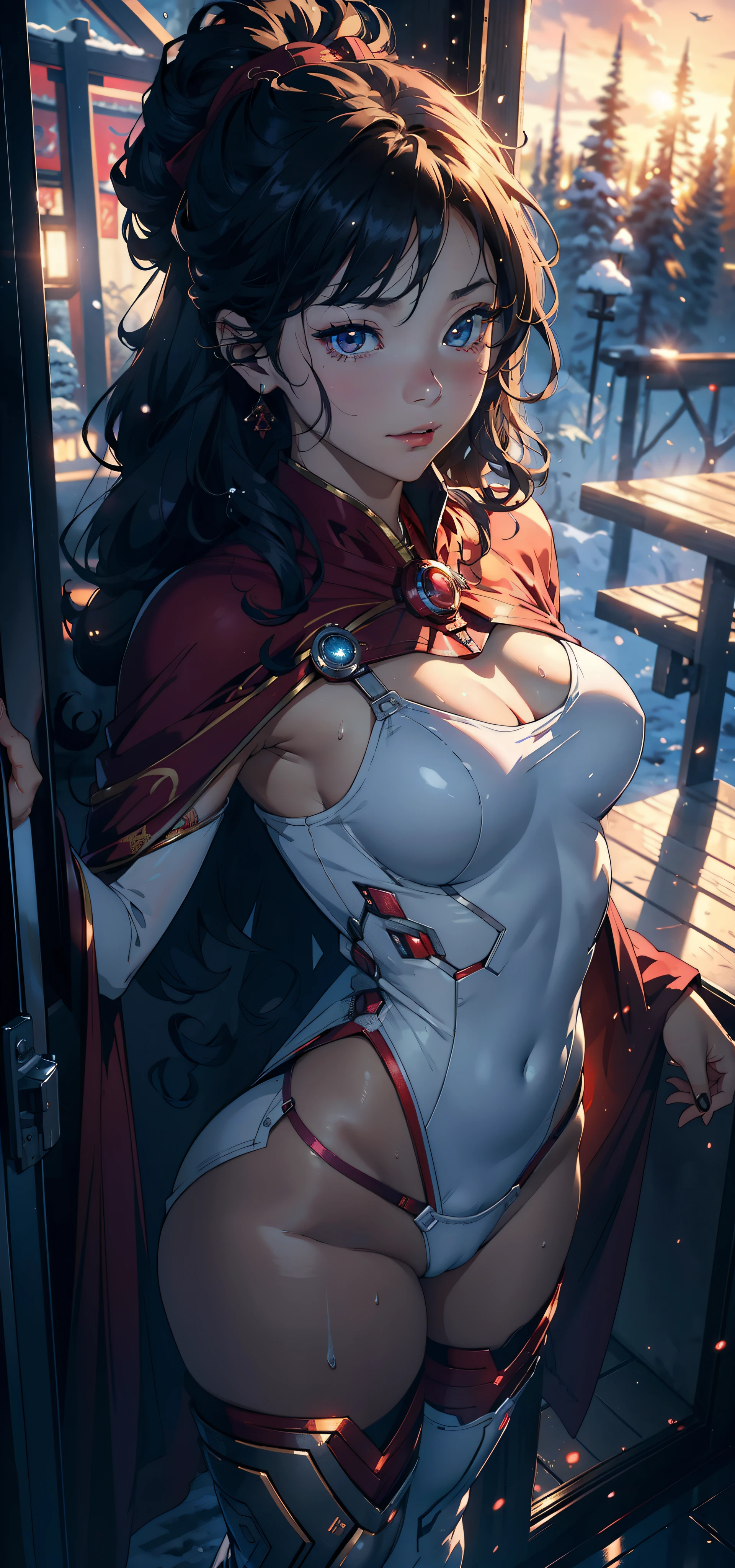 1female,11yo,bit girl,super adorable,Small breasts,Pornographic exposure, 独奏,Wearing an Iron Man uniform,Red cape(Background with:coniferous forest,at winter season,Snow on the ground) Feel free to hairstyle, 比基尼,standing on your feet,Sweat profusely,drenched all over the body, curlies, mostly cloudy sky,(((tmasterpiece),(Very detailed CG unity 8K wallpaper),best qualtiy,cinmatic lighting,detailed back ground,beatiful detailed eyes,Bright pupils,(Very fine and beautiful),(Beautiful and detailed eye description),ultra - detailed,tmasterpiece,)),face to the viewer,A high resolution,ultra - detailed)scifi style,revealing breasts,Bare genitalia, Bulge,Camel toes,Raised sexy,Flushed complexion,Open-mouthed,Front upper body,