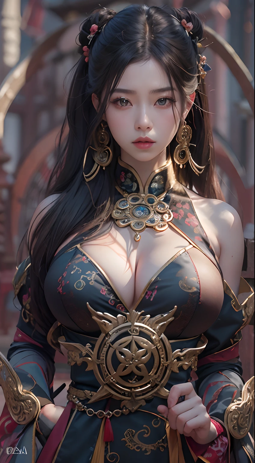 Best quality,masterpiece,ultra high res,(photorealistic:1.4),xiuxian,weapon,Detailed face, 1girl,solo,weapon,cleavage,(magic circle:1.2),xiuxian,upper body,Beautiful girl,full body,huge breasts,east asian architecture,sheath,architecture,Nsfw,raw,nude,shoqing boobs