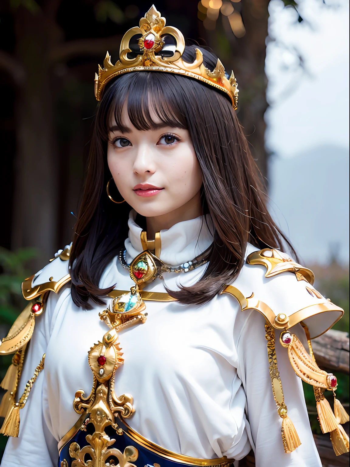 (masutepiece), Professional , masterpiece、top-quality、photos realistic , depth of fields (Gemstone Silver Metal Body:1.9),(Matte White、Jewel Gold Weapon(Jewel Metal Body:1.4),Gorgeous metal weapons ,(Swarm of goblins)、 Detailed Sword of the Brave , Beautiful knife ,warhammer 40k , adepta sororitas,Detail and ornate jewel crown、Black hair、Gangle's forest background、Beautiful Caucasian beauty、1a person、dynamic ungle,(((Detailed and ornate diamond crown)))、Smaller head、A smile、Take a sexy pose、Thin and beautiful female hands、cyanide light particles、Mystical expression、