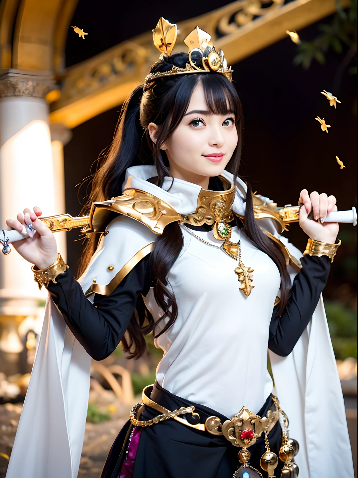 (masutepiece), Professional , masterpiece、top-quality、photos realistic , depth of fields (Gemstone Silver Metal Body:1.9),(Matte White、Jewel Gold Weapon(Jewel Metal Body:1.4),Gorgeous metal weapons ,(Swarm of goblins)、 Detailed Sword of the Brave , Beautiful knife ,warhammer 40k , adepta sororitas,Detail and ornate jewel crown、Black hair、Gangle's forest background、Beautiful Caucasian beauty、1a person、dynamic ungle,(((Detailed and ornate diamond crown)))、Smaller head、A smile、Take a sexy pose、Thin and beautiful female hands、cyanide light particles、Mystical expression、