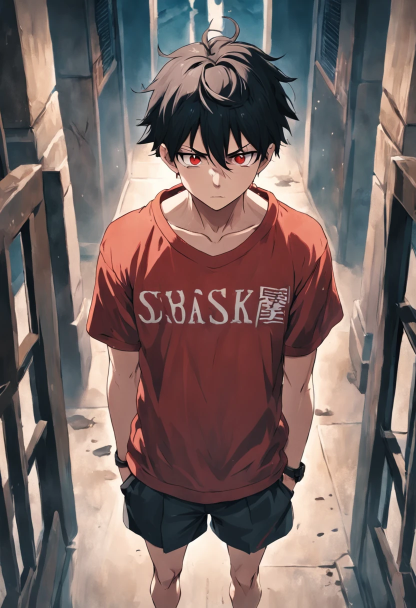 A male college student wears slippers，Shorts and a regular T-shirt，Standing in the corner of the school gate, his hair was messy，Tear stains on the face，Red, swollen eyes，He is covering his face with his hands，Whimpering sounds came from time to time，His whole gesture exudes deep sadness and loss