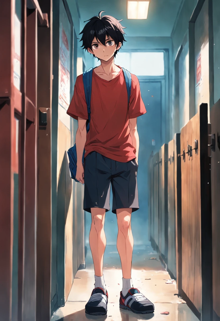 A male college student wears slippers，Shorts and a regular T-shirt，Standing in the corner of the school gate, his hair was messy，Tear stains on the face，Red, swollen eyes，He is covering his face with his hands，Whimpering sounds came from time to time，His whole gesture exudes deep sadness and loss