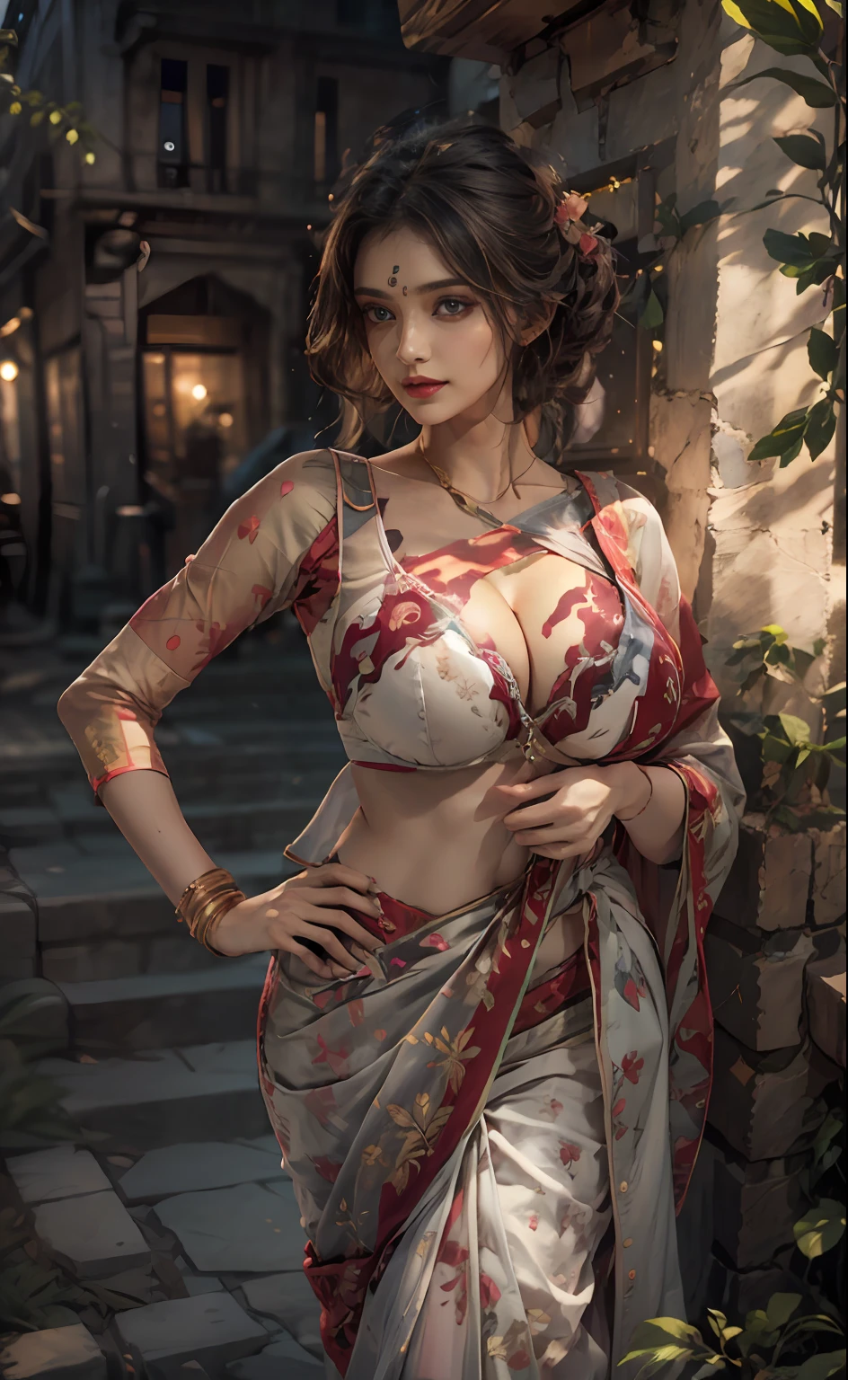 walking in a moonlit courtyard, exotic girl, indian, looking at the viewer, shining skin, perfect lighting, the embodiment of grace and elegance, (saree and bra), (Big Tits:1.5), cleavage, clear curvy details, beautiful curves, detailed eyes, detailed pupil, volumetric lighting, Ultra Detailed, unity 8k wallpaper, ultra detailed, aesthetic, masterpiece, best quality, photorealistic
