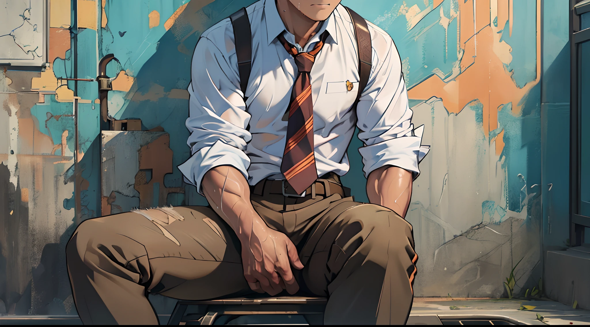 （1 Adult male），A high resolution， Sharp focus， Pixiv masterpiece， （（Complicated details））， highly  detailed， natsuki_subaru， 1 man，perfect male figure，Urine on the trouser leg， Nervously bow your head，is shy，embarressed，exhilarated，is shocked，panicking，worry，A pool of urine formed around him，Very eager to pee，Unbearable，Wet yourself，Urine discharge，full bodyesbian，sit astride，Tired，decadent， blue color eyes（eyes glowing）， Short yellow hair，white  shirt，Wear a tie，Wear a belt，trousers，perspire，Drenched，Get wet，pissing，urine flows down the pants，look from down
