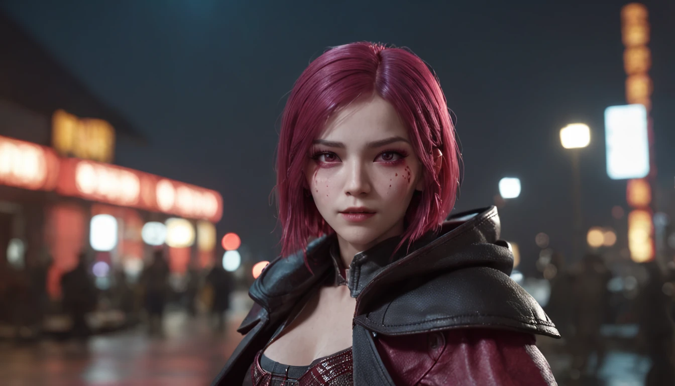A young girl with big bright purple eyes, pink hair, a square haircut, a leather suit, a cape in the style of the assassin's creed,Tokyo at night in the background, rain, white and red, pixelated realism, detailed character expressions, dark cyan and red, fairycore