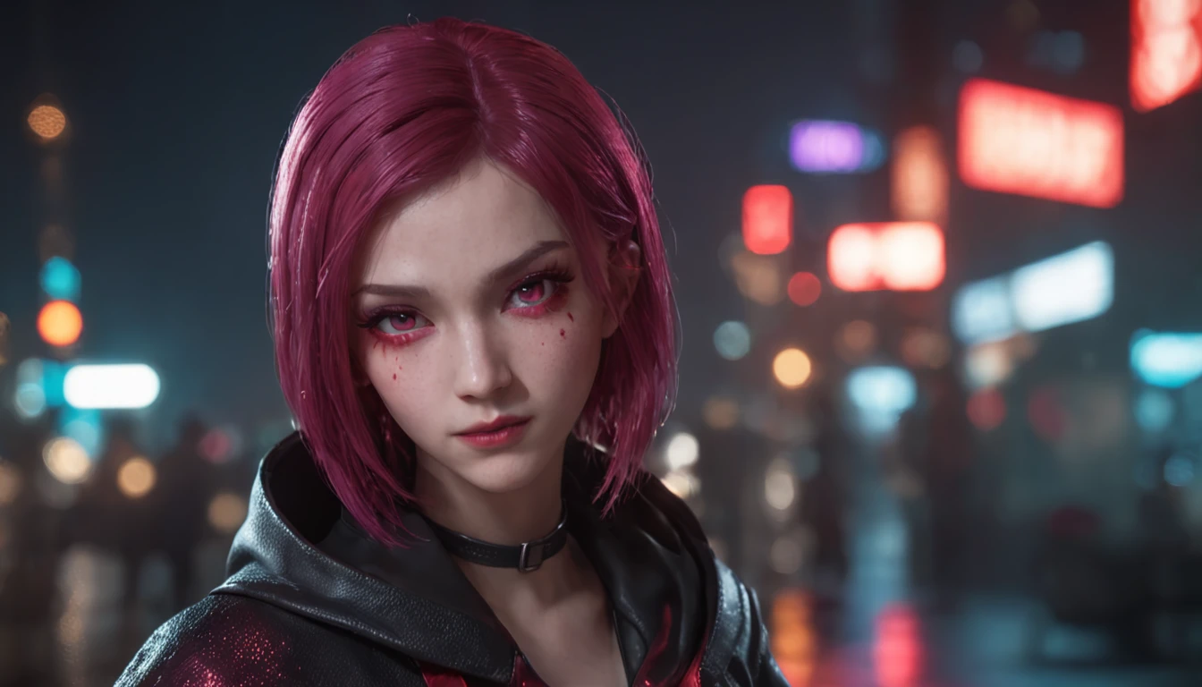A young girl with big bright purple eyes, pink hair, a square haircut, a leather suit, a cape in the style of the assassin's creed,Tokyo at night in the background, rain, white and red, pixelated realism, detailed character expressions, dark cyan and red, fairycore