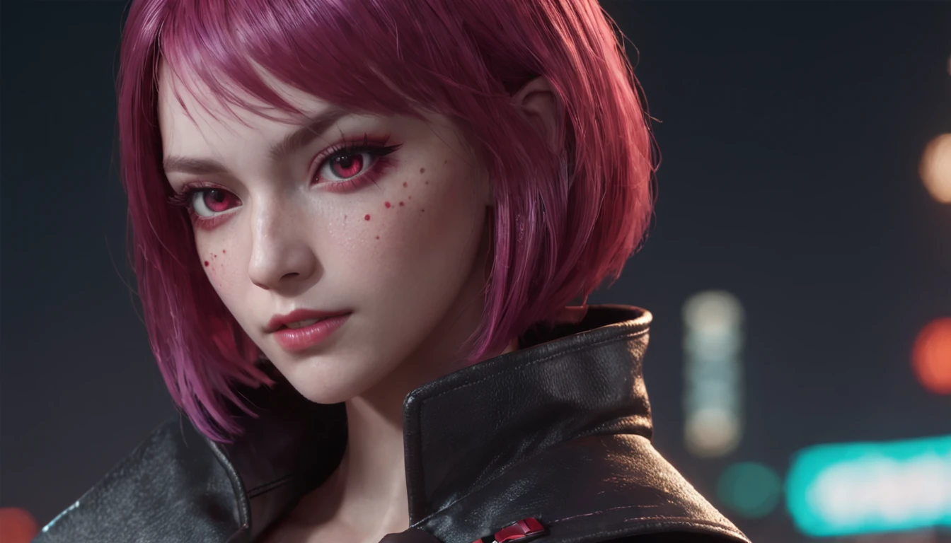 A young girl with big bright purple eyes, pink hair, a square haircut, a leather suit, a cape in the style of the assassin's creed,Tokyo at night in the background, rain, white and red, pixelated realism, detailed character expressions, dark cyan and red, fairycore