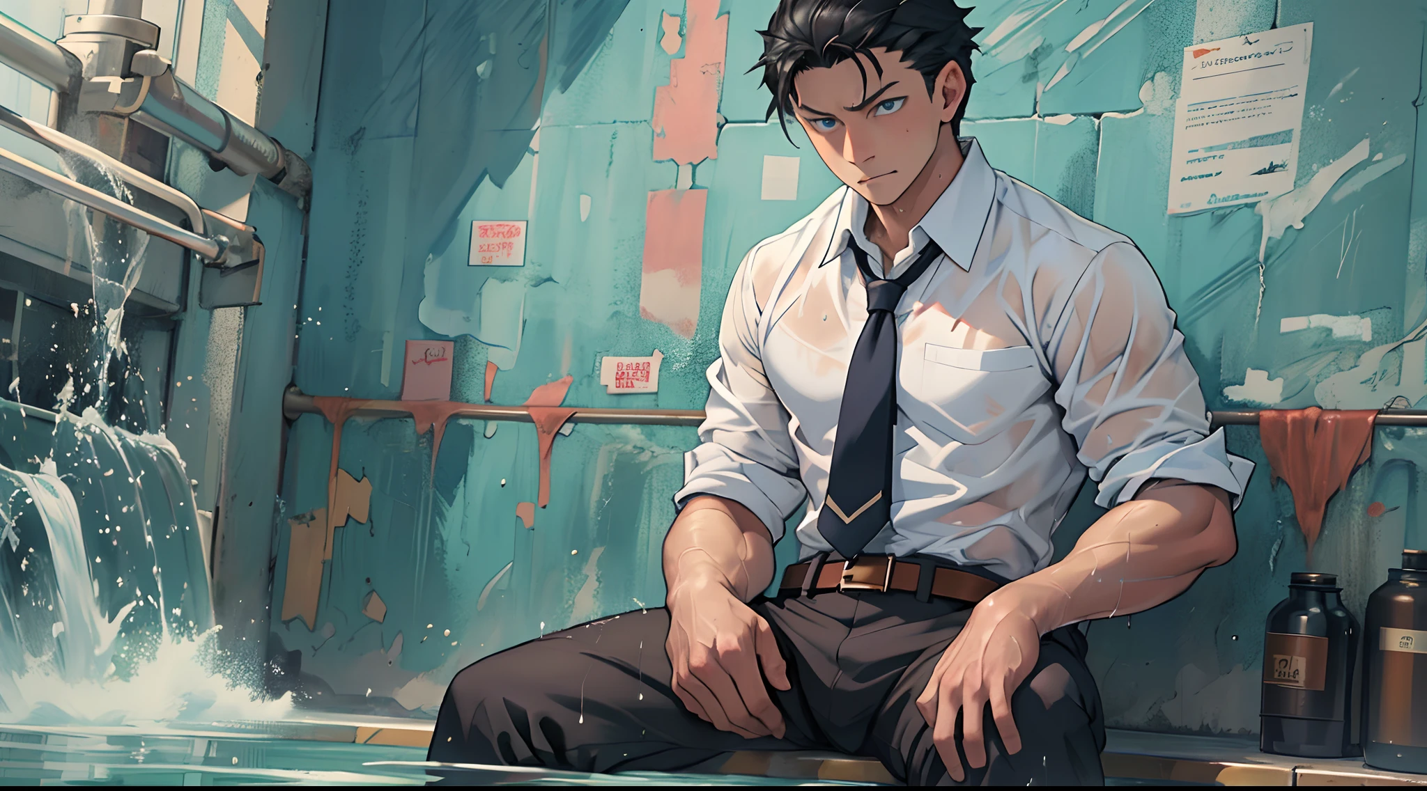 (1 Adult male),A high resolution, Sharp focus, Pixiv masterpiece, ((Complicated details)), highly detailed, natsuki_subaru, 1 man,perfect male figure,Urine on the trouser leg, Nervously bow your head,is shy,embarressed,exhilarated,is shocked,panicking,worry,A pool of urine formed around him,Very eager to pee,Unbearable,Wet yourself,Urine discharge,full bodyesbian,sit astride,Tired,decadent, blue color eyes(eyes glowing), Black hair short hair,white shirt,Wear a tie,Wear a belt,trousers,perspire,Drenched,Get wet,pissing,urine flows down the pants,look from down