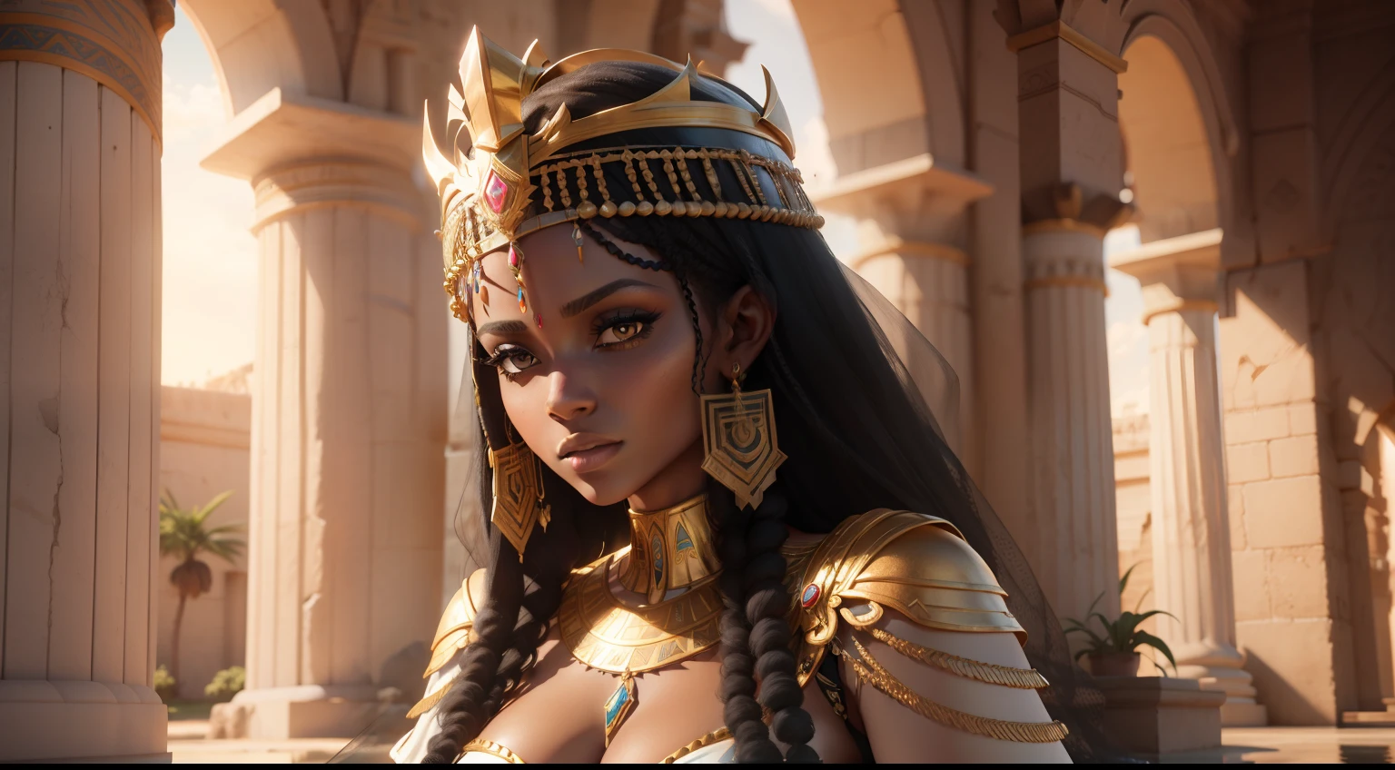 Mulher Arafed Reino da Rainha de Meroe, nubia antiga, Tempo Egipicio, 500 a.C., linhagem de Bartare rainha, remarkable beautiful woman, for she is seen as the direct heir of the great Arakakamani, o rei pioneiro a ser enterrado em Meroe, Ultra Definir, 4k, 3D-rendering, Vista imponente da rainha, Rainha africana, non-Unreal Engine 5 rendering, mulher de araffe com um turbante branco e joias de ouro, unreal engine render + uma deusa, epic 3 d oshun, pele escura deusa feminina do amor, renderizado em corona, Rainha africana, cinematic goddess close shot, cleopatra portrait, wearing an egyptian crown, Egyptian, CGSetivity UHD 4K altamente detalhado, deusa. Detalhes extremamente altos, renderizado no Unreal Engine 5