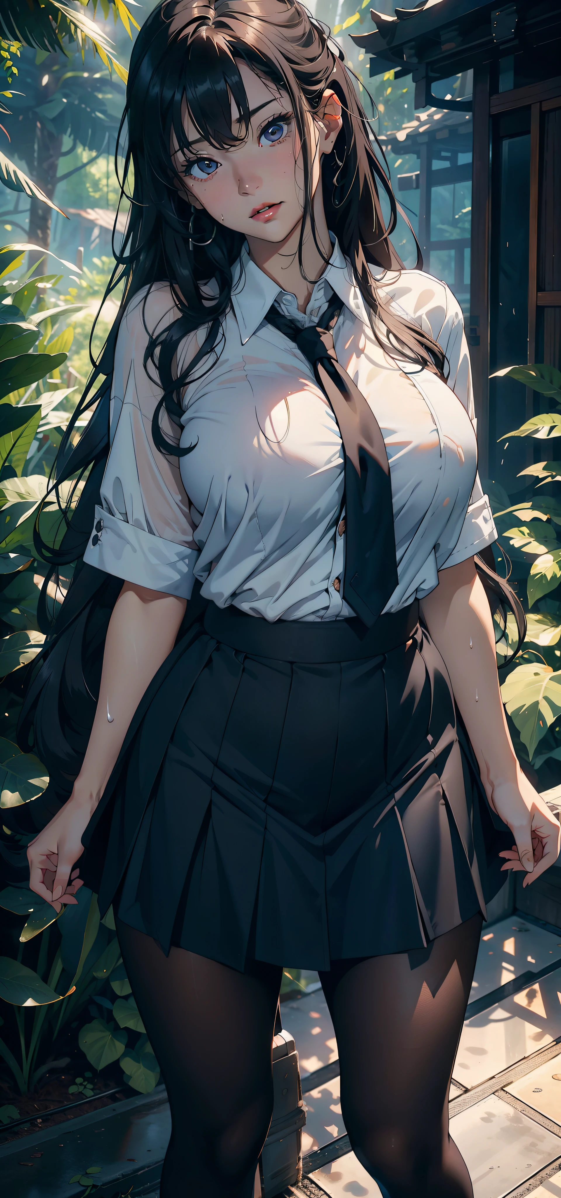 1female,25 age old,Large breasts,Pornographic exposure, 独奏,(Background with:ln the forest,the rainforest,In summer) with his long black hair,standing on your feet,Sweat profusely,drenched all over the body,seen from the front, curlies, mostly cloudy sky,(((tmasterpiece),(Very detailed CG unity 8K wallpaper),best qualtiy,cinmatic lighting,detailed back ground,beatiful detailed eyes,Bright pupils,(Very fine and beautiful),(Beautiful and detailed eye description),ultra - detailed,tmasterpiece,)),facing at camera,A high resolution,ultra - detailed),revealing breasts,Bare genitalia, Bulge,Camel toes,Raised sexy,Flushed complexion,Open-mouthed,frontage,Japanese high school girl(Wearing:White shirt,black necktie,JK skirt,Pantyhose)nakeness,high-heels