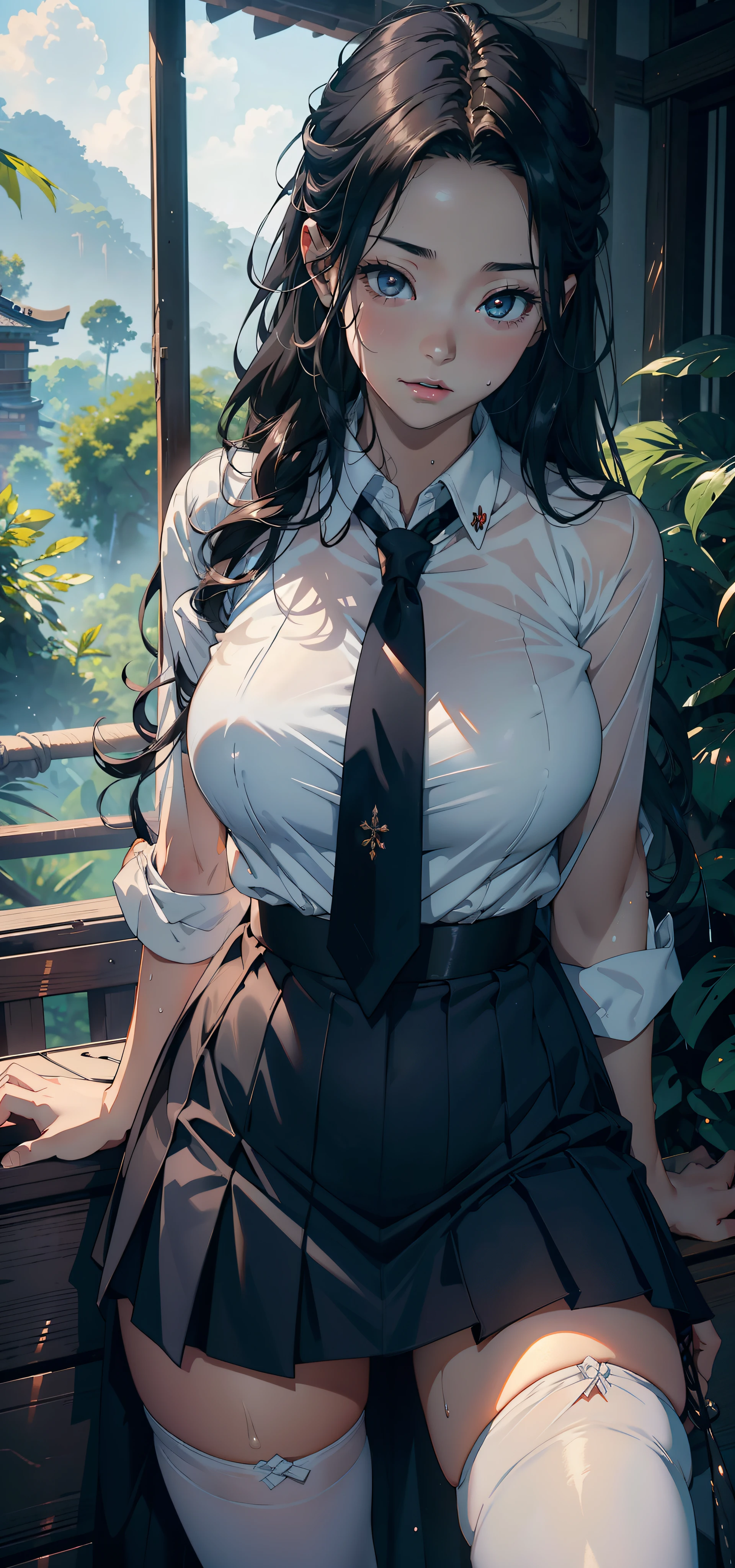 1female，25 age old，Large breasts，Pornographic exposure， 独奏，（Background with：ln the forest，the rainforest，In summer） with his long black hair，standing on your feet，Sweat profusely，drenched all over the body，seen from the front， curlies， mostly cloudy sky，（（（tmasterpiece），（Very detailed CG unity 8K wallpaper），best qualtiy，cinmatic lighting，detailed back ground，beatiful detailed eyes，Bright pupils，（Very fine and beautiful），（Beautiful and detailed eye description），ultra - detailed，tmasterpiece，）），facing at camera，A high resolution，ultra - detailed），revealing breasts，Bare genitalia， Bulge，Camel toes，Raised sexy，Flushed complexion，Open-mouthed，frontage，Japanese high school  girl（Wearing：White shirt，black necktie，JK skirt，Pantyhose）nakeness，high-heels