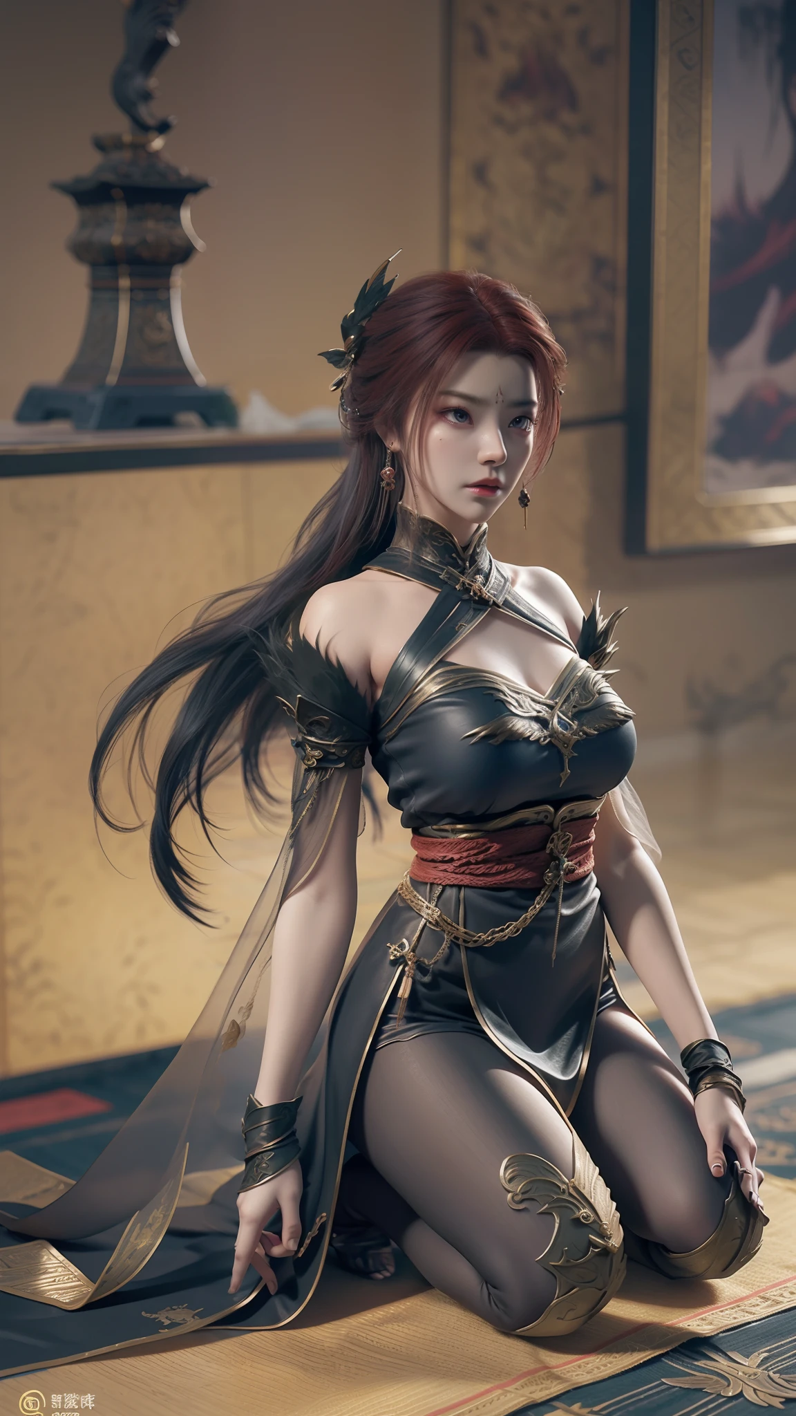 Kneel on the blanket, concept-art：Hero, Trend of CGsociety, Fantasy art, Guviz-style artwork, Guviz, Smooth anime CG art, Keqing from Genshin Impact, Ruan Jia and Artgerm, full-body xianxia, A flowing translucent magic robe