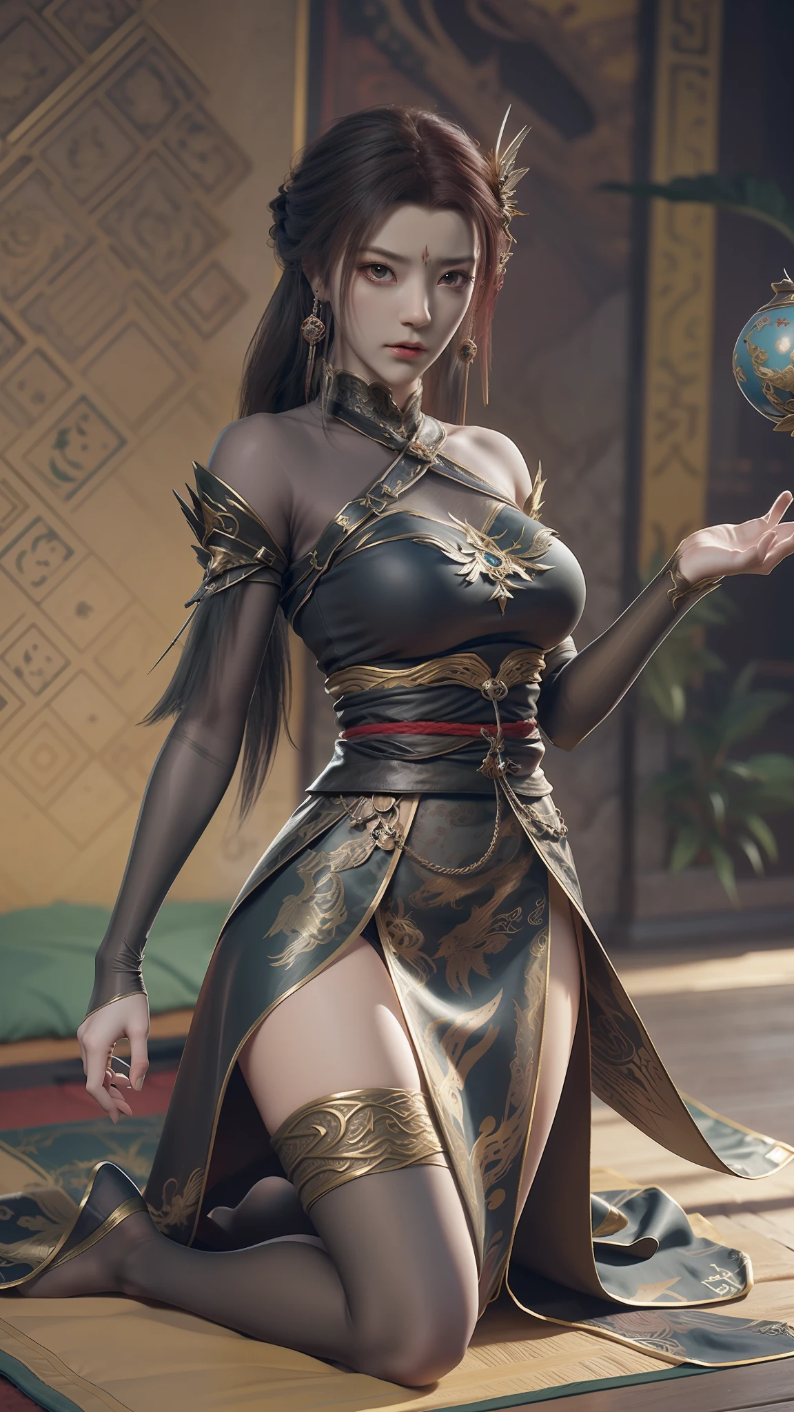 Kneel on the blanket, concept-art：Hero, Trend of CGsociety, Fantasy art, Guviz-style artwork, Guviz, Smooth anime CG art, Keqing from Genshin Impact, Ruan Jia and Artgerm, full-body xianxia, A flowing translucent magic robe