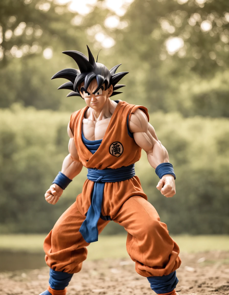 Humano Goku em uma pose frontal em um campo de batalha, feito por Akira Toriyama