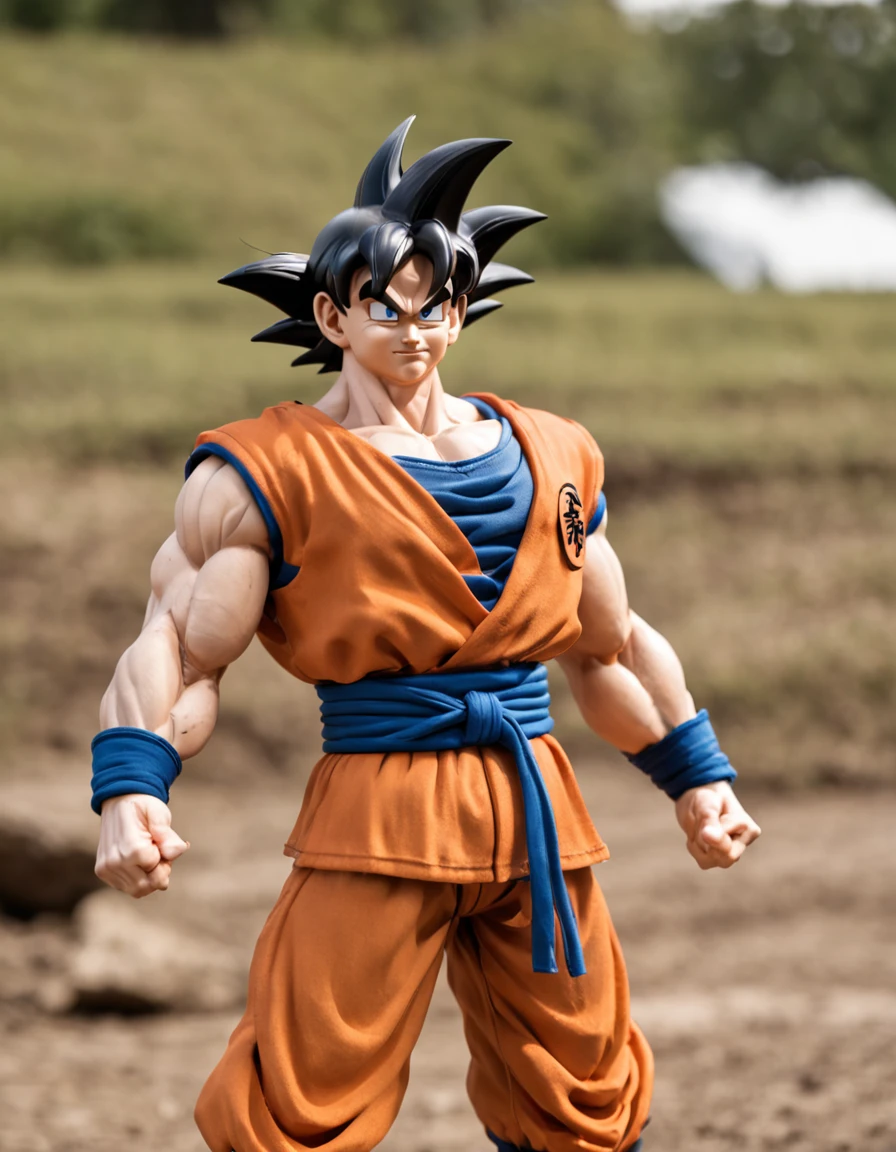 Humano Goku em uma pose frontal em um campo de batalha, feito por Akira Toriyama