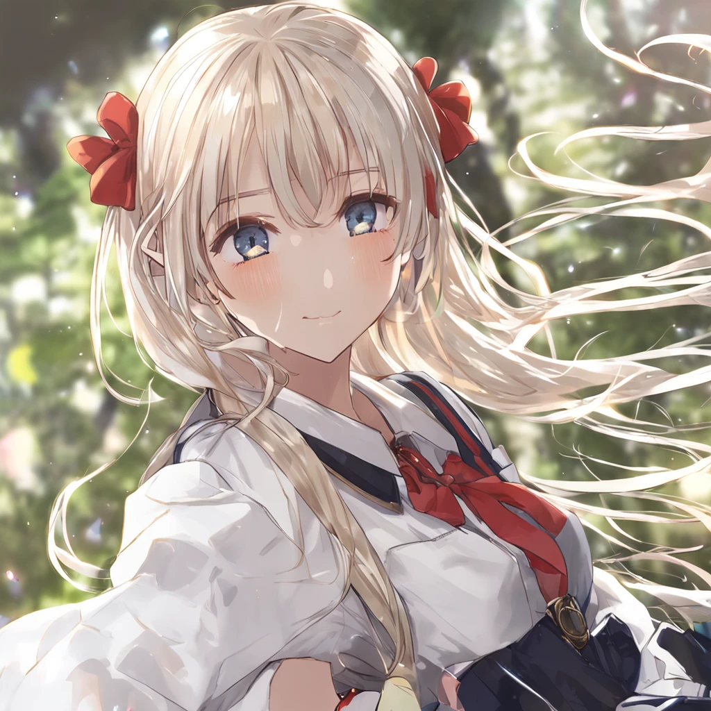 portlate、(School Uniforms)、bright expression、poneyTail、Young shiny shiny white shiny skin、Best Looks、Blonde reflected light、Platinum blonde hair with dazzling highlights、shiny light hair,、Super long silky straight hair、Beautiful bangs that shine、Glowing crystal clear attractive big blue eyes、Very beautiful nice cute 16 year old girl、Lush bust、with slit、((full body seen))