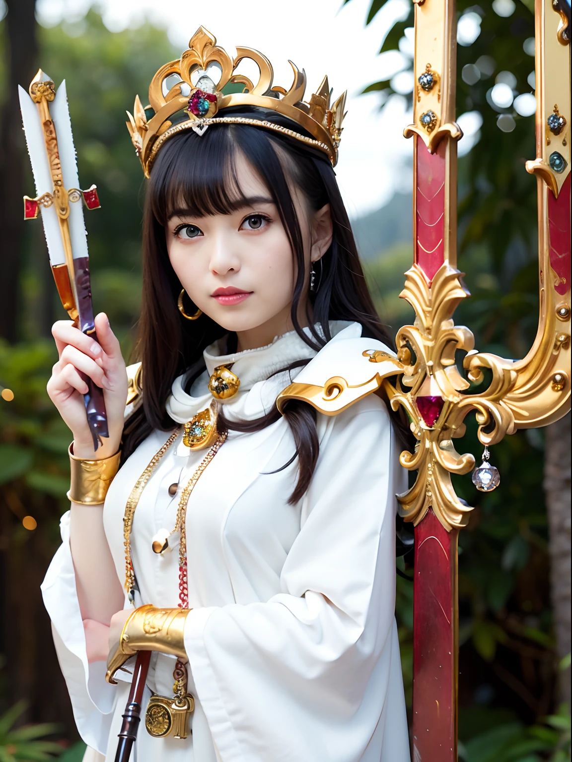 (masutepiece), Professional , masterpiece、top-quality、photos realistic , depth of fields (Gemstone Silver Metal Body:1.9),(Matte White、Jewel Gold Weapon(Jewel Metal Body:1.4),Gorgeous metal weapons ,(Swarm of goblins)、 Detailed Sword of the Brave , Beautiful knife ,warhammer 40k , adepta sororitas,Detail and ornate jewel crown、Black hair、Gangle's forest background、Beautiful Caucasian beauty、1a person、dynamic ungle,(((Detailed and ornate diamond crown)))、Smaller head、A smile、Take a sexy pose、Thin and beautiful female hands、cyanide light particles、Mystical expression、