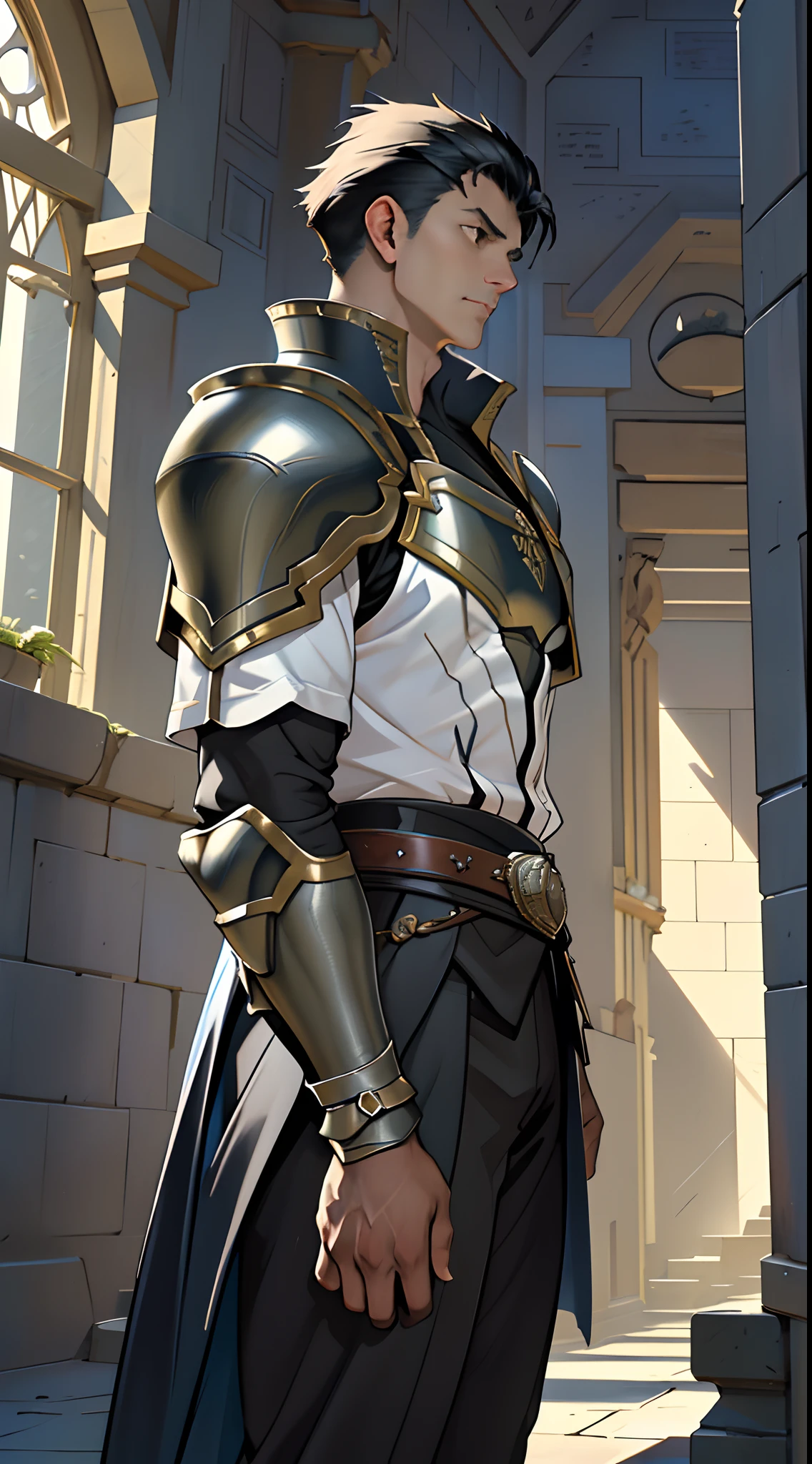 Portrait of a man, 1boy, Solo, Stand quietly, Heroes, A hero never seen before, jawline, Male, Epic, Handsome, prince, warrior, Silver armor, hyperdetailed 3d matte painting, cinemascope panoramic, awe inspiring, landscape, Natural skin texture, Sharp focus, ((Cinematic look)), insanely details, Intricate details, greg rutkovsky、Works of art by Caravaggio and Alphonse Mucha, analogue style, Castle, inside castle, Calm environment,