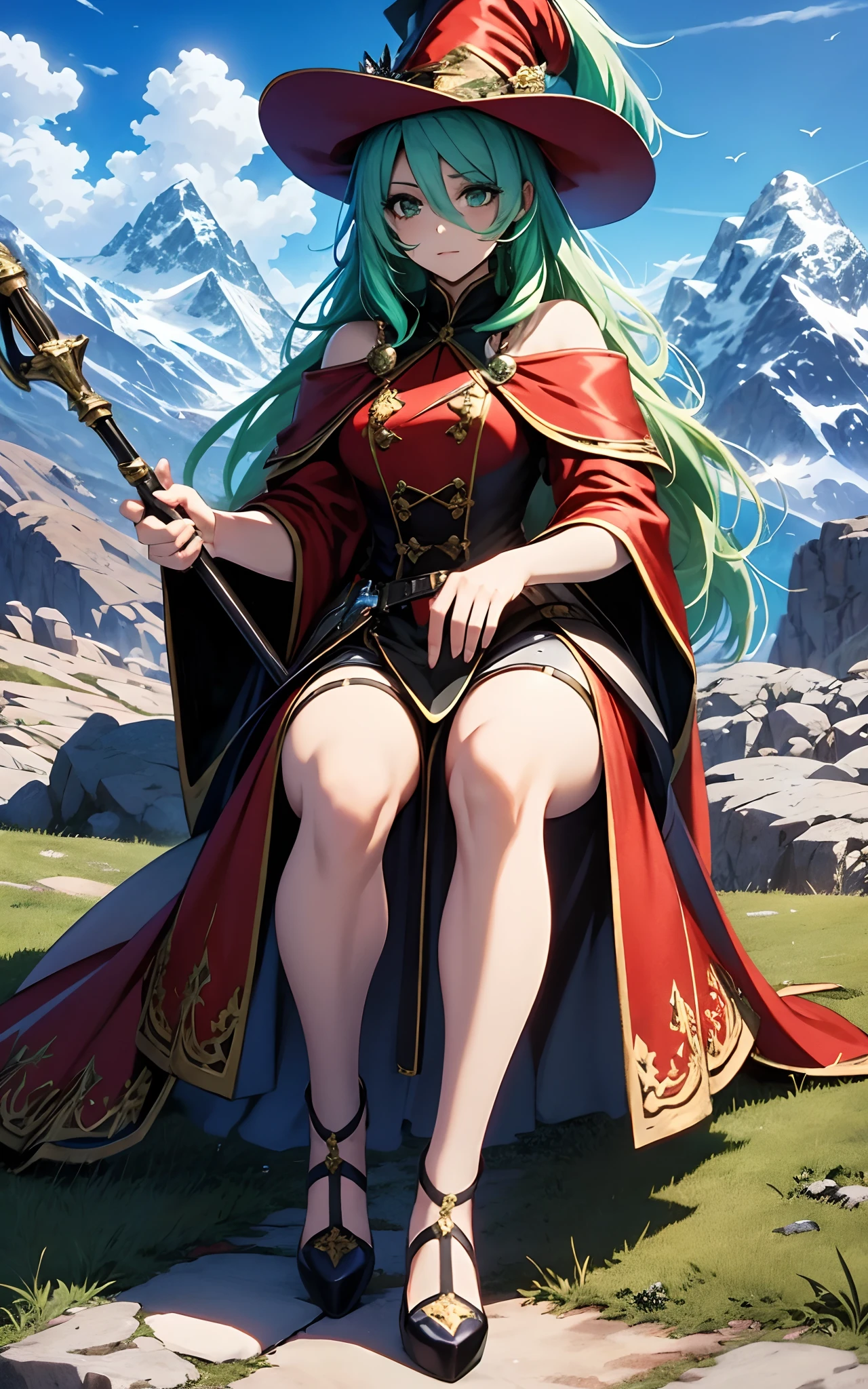best qualityer，tmasterpiece，Ultimate resolution，downy，Extremely colorful，Colorful，Alpine background，Sky flight，Long flowing green hair，the witch，a matural female，Red magic robe long dress，red high heel pumps，Sit on a magic broomstick，flight，Normal posture