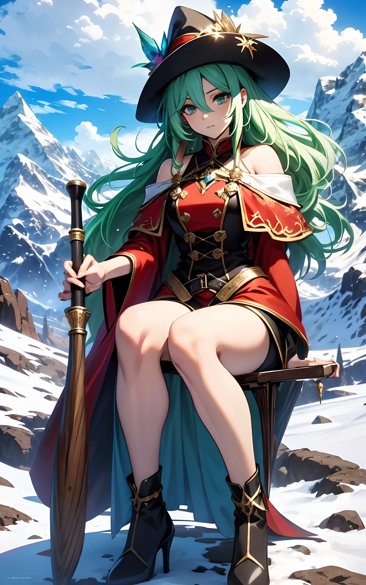 best qualityer,tmasterpiece,Ultimate resolution,downy,Extremely colorful,Colorful,Alpine background,Sky flight,Long flowing green hair,the witch,a matural female,Red magic robe long dress,red high heel pumps,Sit on a magic broomstick,flight,Normal posture