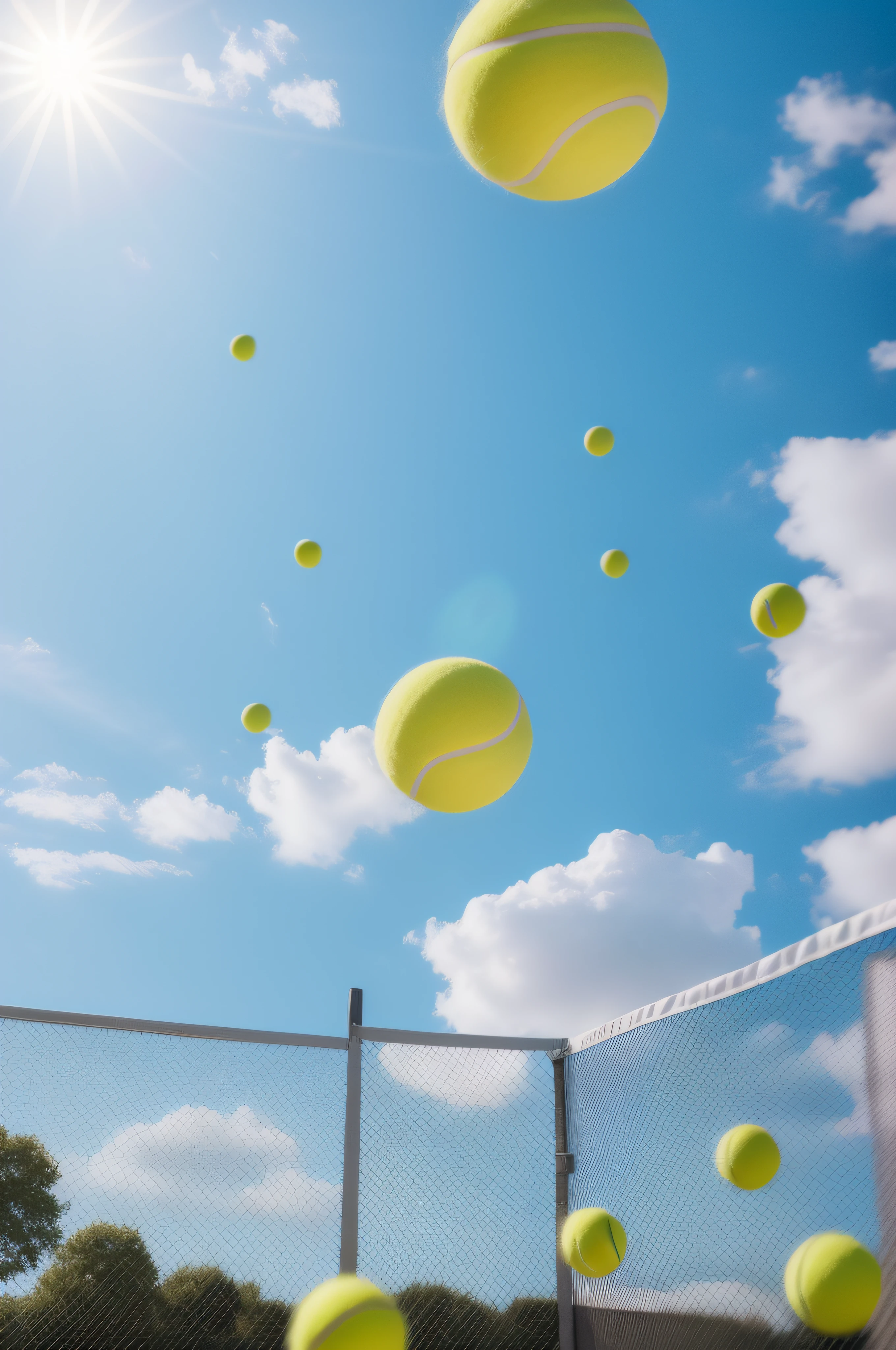 There are densely packed tennis balls floating in the sky