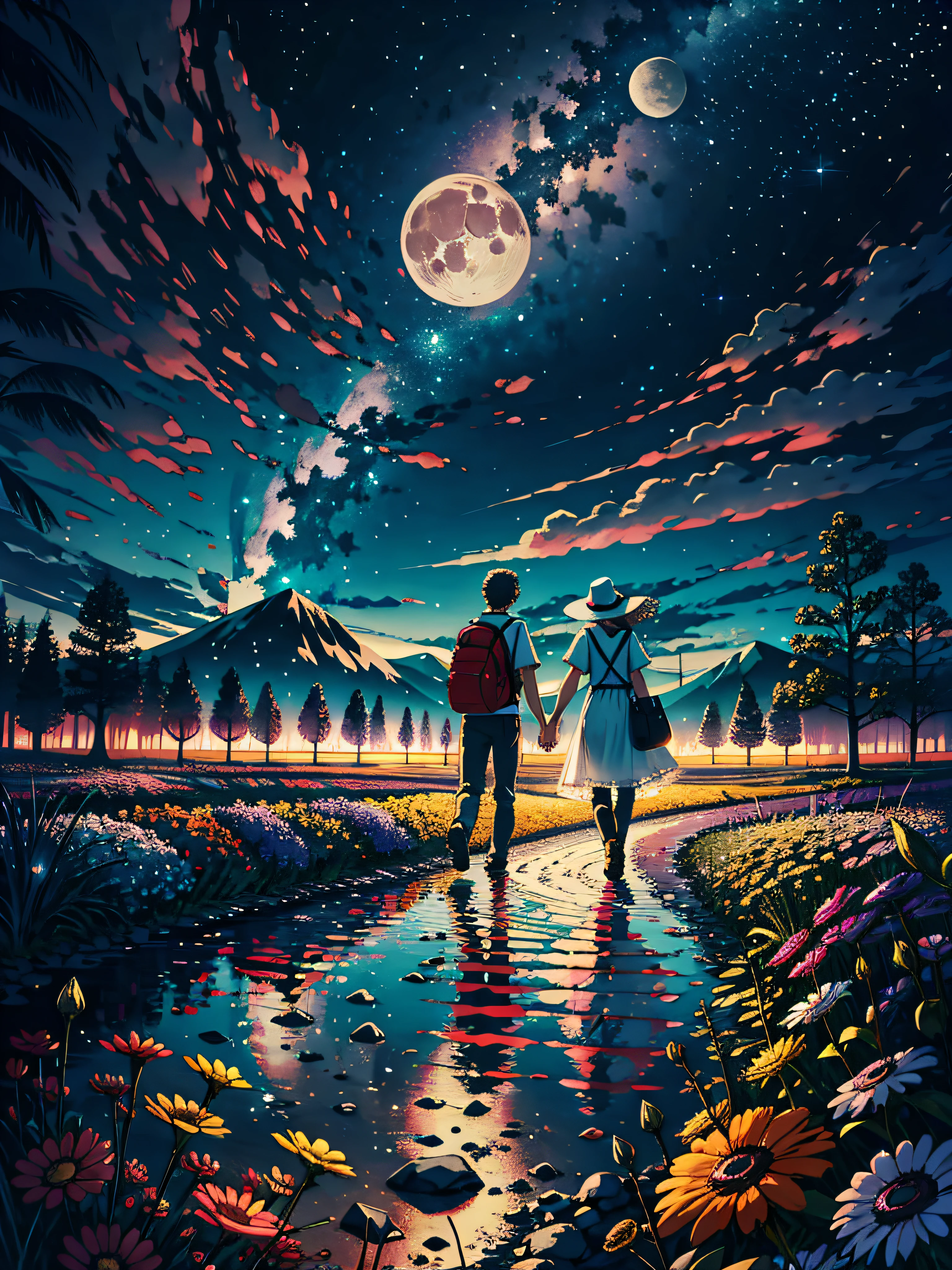Expansive landscape photograph,(look from down,Above is the sky,Below are open fields),Couple sitting on a flower field looking up,(moon full:2),(meteors:1),(Starcloud:1.8),Far Mountain, Tree BREAK making art,(Warm light source:1.2),(glowworm:1.2),lamp lights,Lots of purple and orange,Complicated details,Volumetric lighting BREAK(tmasterpiece:1.2),(best qualtiy),4K,ultra - detailed,(dynamic compositions:1.4),detail-rich,plethora of colors,(Irridescent color:1.2),(with light glowing,Atmospheric lighting),dream magical,magical,(独奏:1.2)They carry backpacks through the flower fields, with a backpack, walking together, Holding hands, Backpack, man and woman walking together, The man was carrying a red backpack, The woman was carrying a black backpack,But lovers walk hand in hand, couple, on back,Man with red backpack,The woman was carrying a black bag,galactic,starrysky,stars,Women are long hair