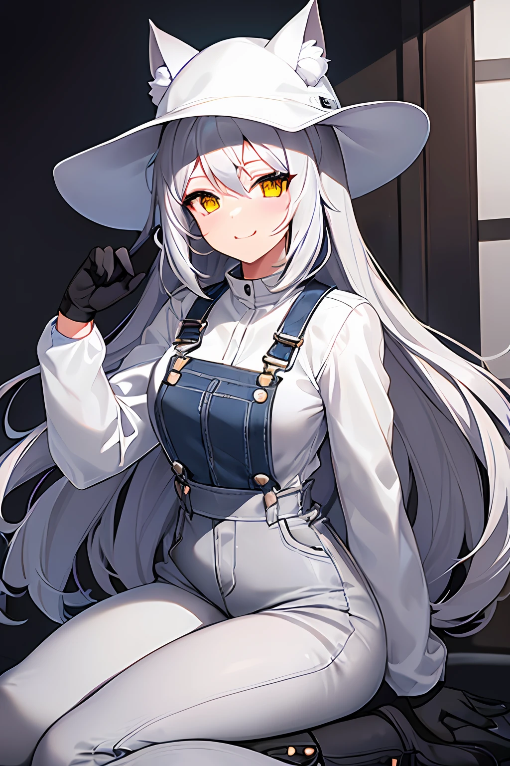 a gray haired cat-girl, wearing a complete white cat hat with a brim, white long sleeves, light gray denim overalls, wearing black gloves, black boots, a cute winking face, no human ears, medium breasts, yellow eyes, wearing a black collar, on a complete gray background