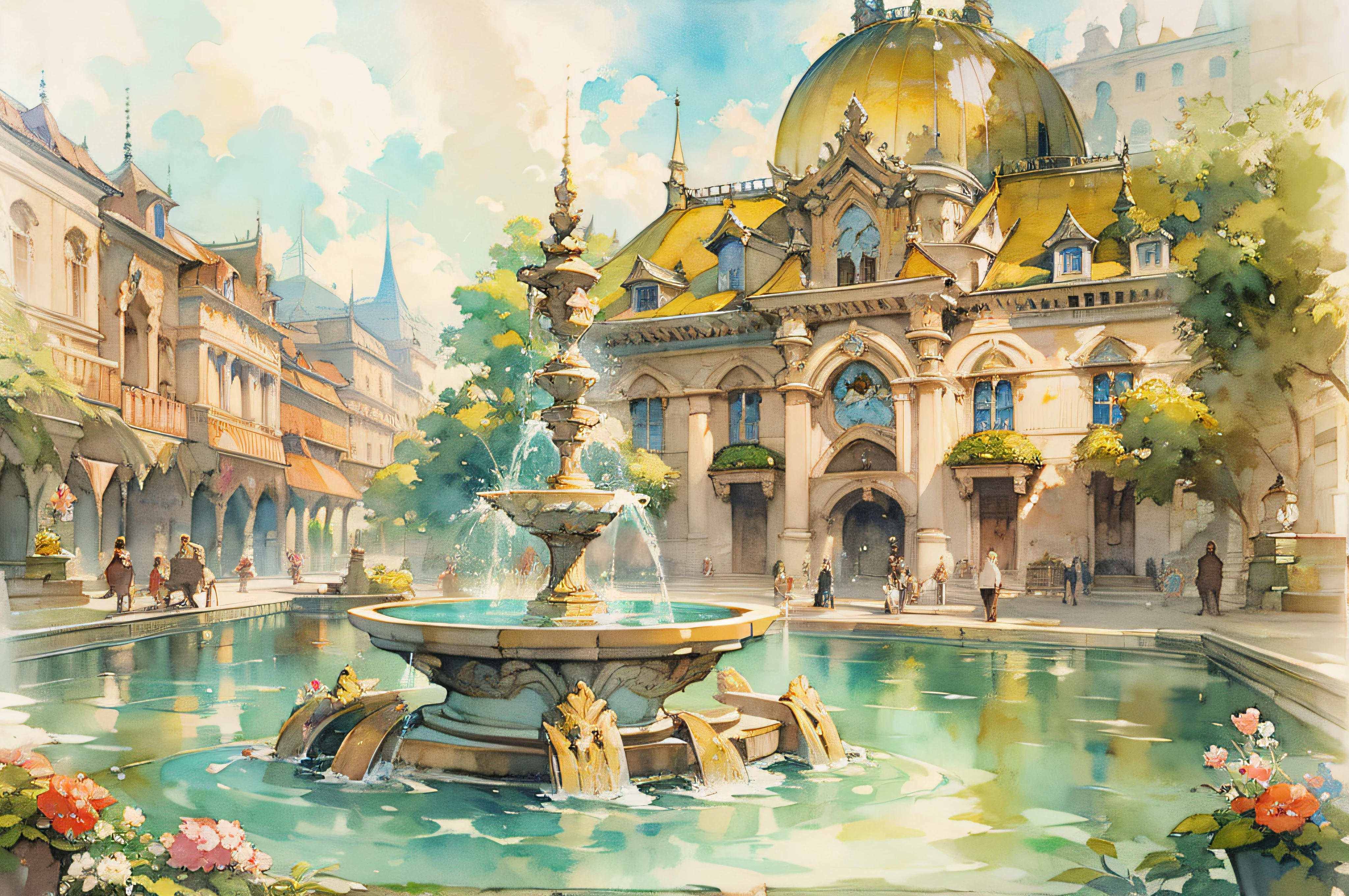 top-quality、Depicted in detail、The fountain、Palaces of Europe、watercolor paiting、