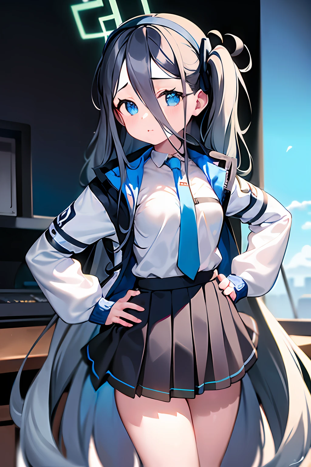 blue archive.Tendo Alice.put hands on the hip.up chest.large full breasts.look from above.(pigtails hair),(length hair),(long bangs),(black hairband),(long court),(student clothes),(White long-sleeved shirt),(pleatedskirt),(Navy blue skirt),blue tie.short stature.