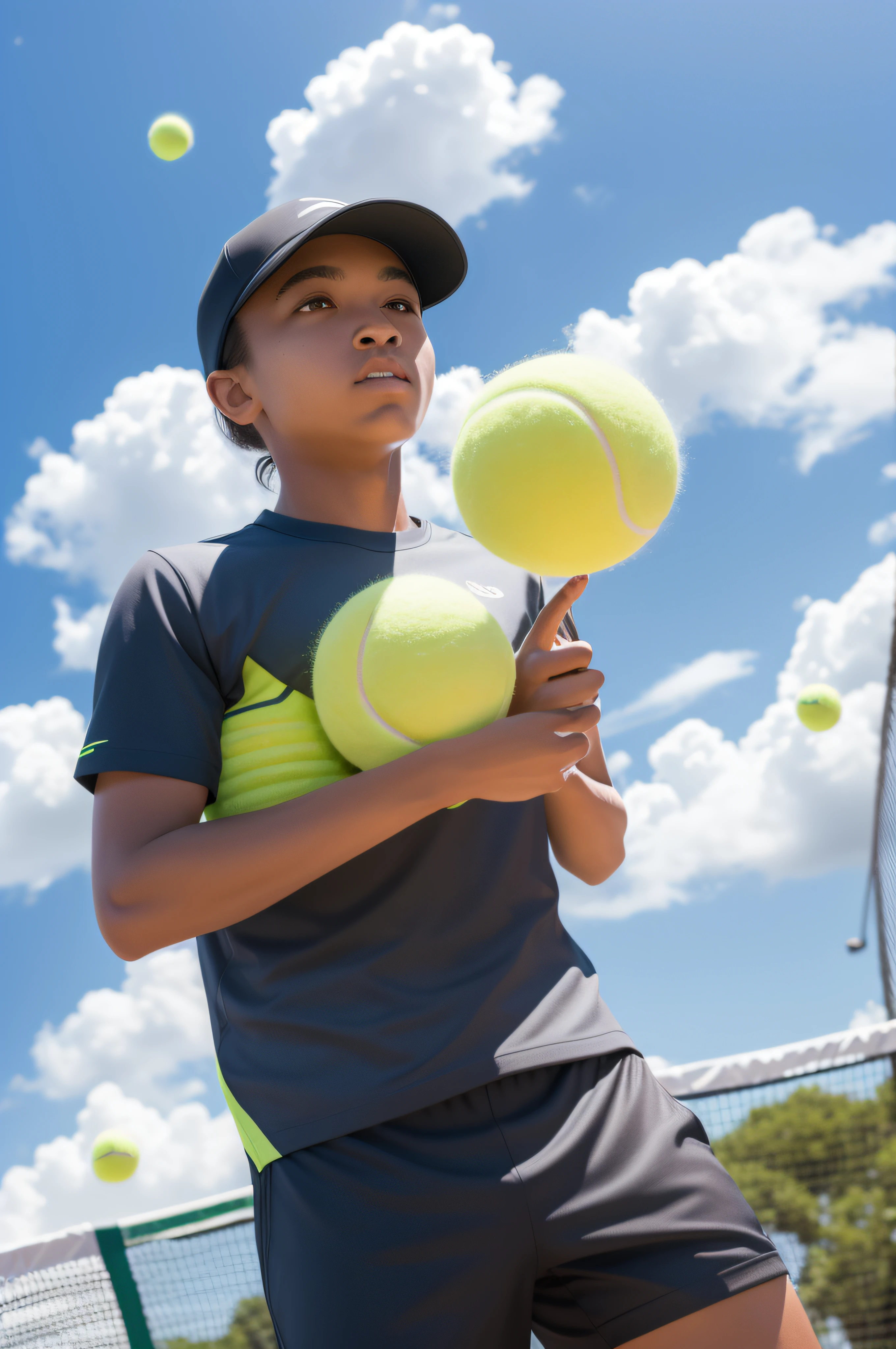 There are densely packed tennis balls floating in the sky