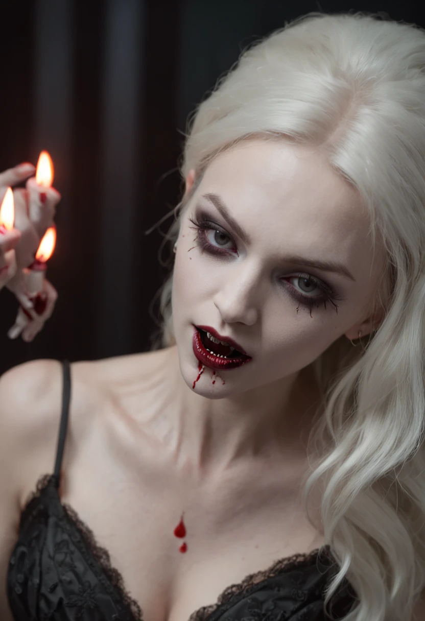 A platinum blonde female vampire in a black dress is holding a beautiful brunette girl in a white dress from behind. (((A little blood is dripping from the female vampire's mouth.))) The beautiful girl is in a trance and the female vampire is satisfied. They are in the beautiful girl's bedroom with moonlight coming through the window. Bats are flying outside the window. night scene, 35mm lens shot