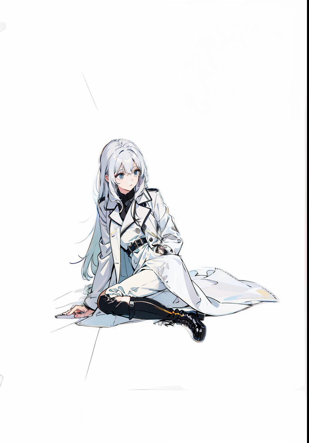 long  white hair，Black boots，a black trench coat，In black suit，black long pants，Side sitting position，The legs are long