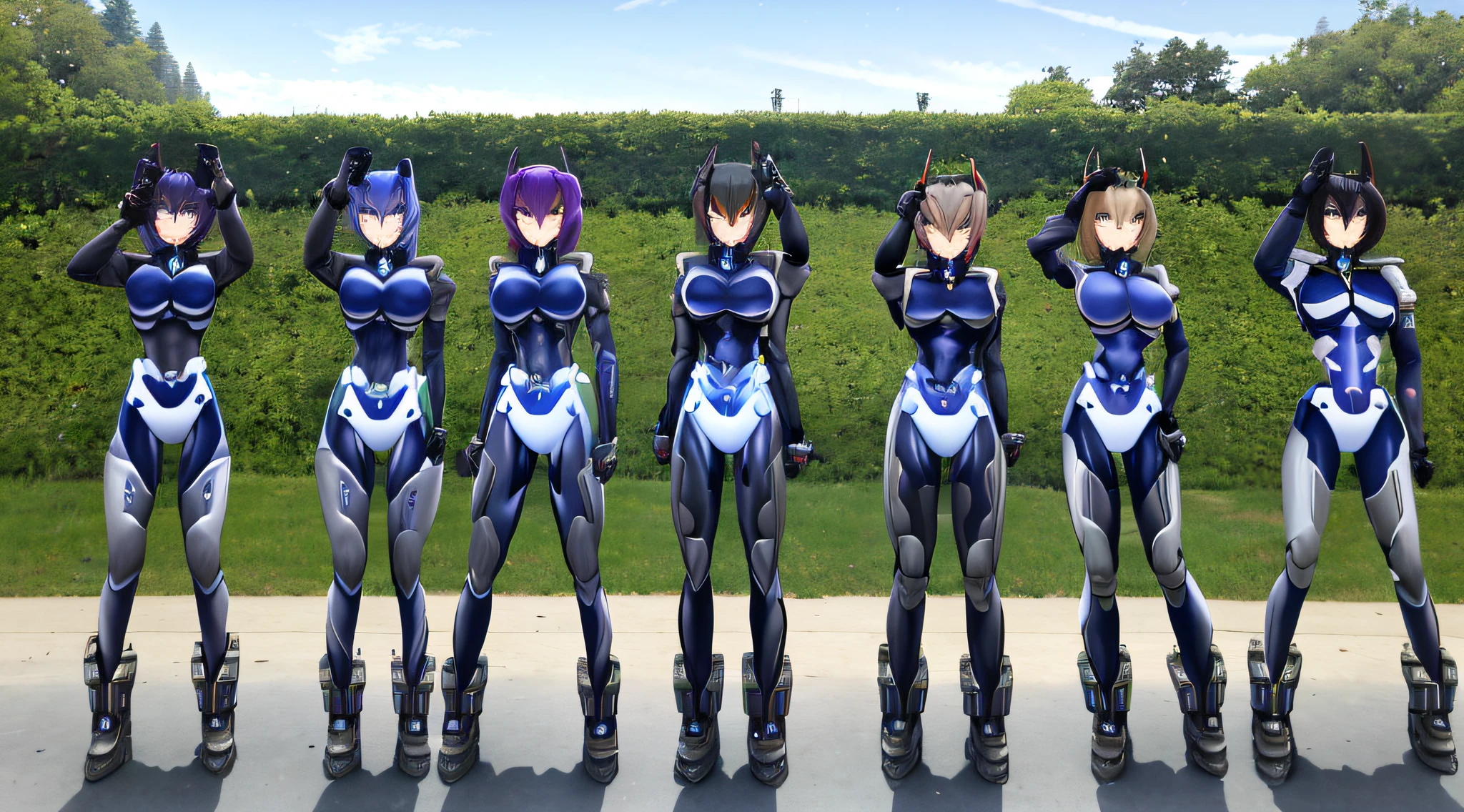 "Imagining an awe-inspiring scene from the Muv-Luv series: A group of highly detailed female soldiers in fortified suits, standing in front of the majestic Imperial Japanese Palace, saluting with unwavering loyalty and respect before the revered Emperor."