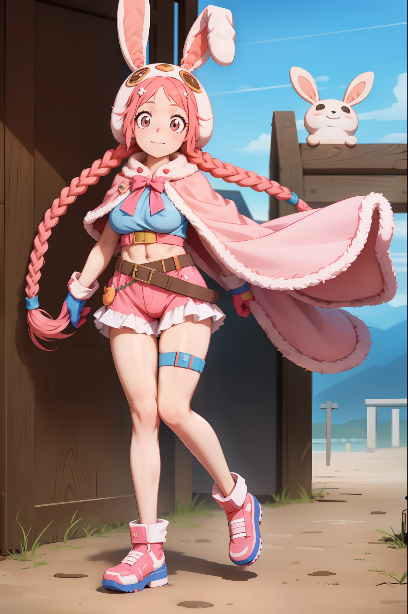 pink hair, long twin braids,mature woman, pink short sleeves, red gloves, light orange eyes, rabbit ear hood, blue shorts, belt, pink cape, cute, high quality, huge breast, full body