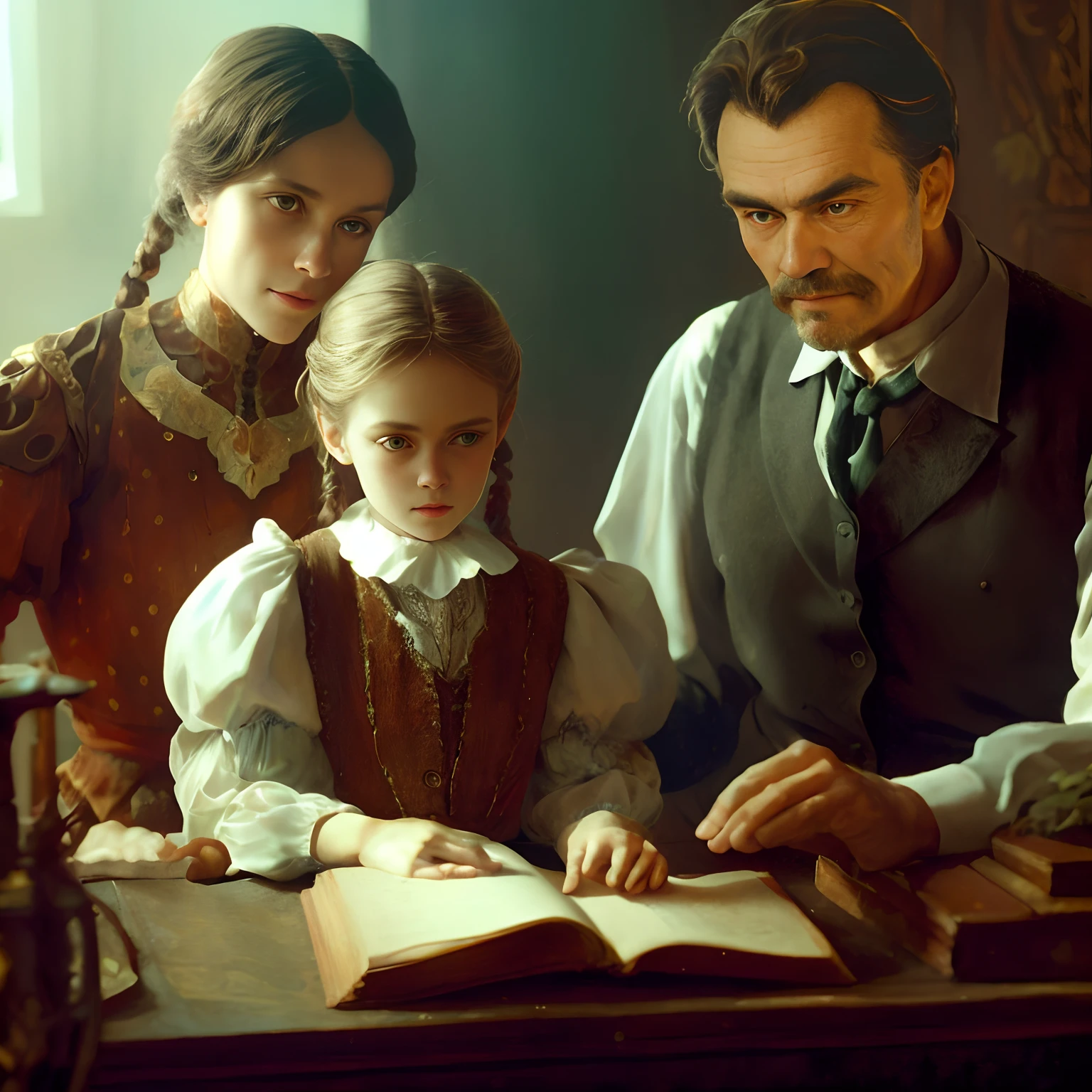 There are two people who are sitting at the table with a book, kramskoi 4 mil, ainda de um filme live action, imagem promocional do filme, ainda do filme, inspirado em Zbigniew Nowosadzki, Mucha e Artem Demura, Victorian era, inspirado em Ivan Kramskoi, Estilo Taras Shevchenko