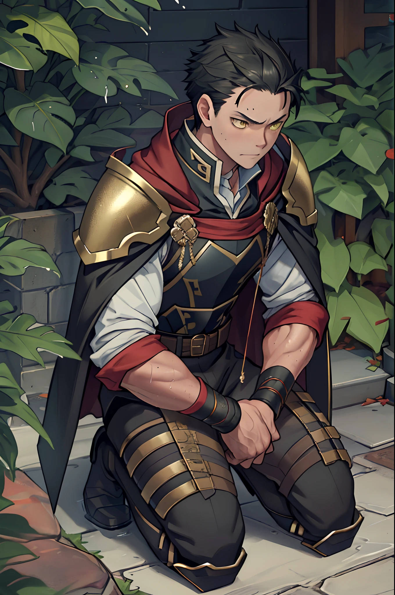 （1 Adult male），A high resolution， Sharp focus， Pixiv masterpiece， （（Complicated details））， highly  detailed， natsuki_subaru， 1 man，Wear tight combat uniforms，Wear armor，perfect male figure，Urine on the trouser leg， Nervously bow your head，is shy，embarressed，exhilarated，is shocked，panicking，worry，A pool of urine formed around him，Very eager to pee，Unbearable，Wet yourself，Urine discharge，full bodyesbian，kneels on the ground，Tired，decadent， Yellow eyes（eyes glowing）， Black hair short hair，Armour，Tie a belt，Cloaked，Cloak，Shoulder armor，perspire，Drenched，Get wet，pissing，urine flows down the pants，look from down