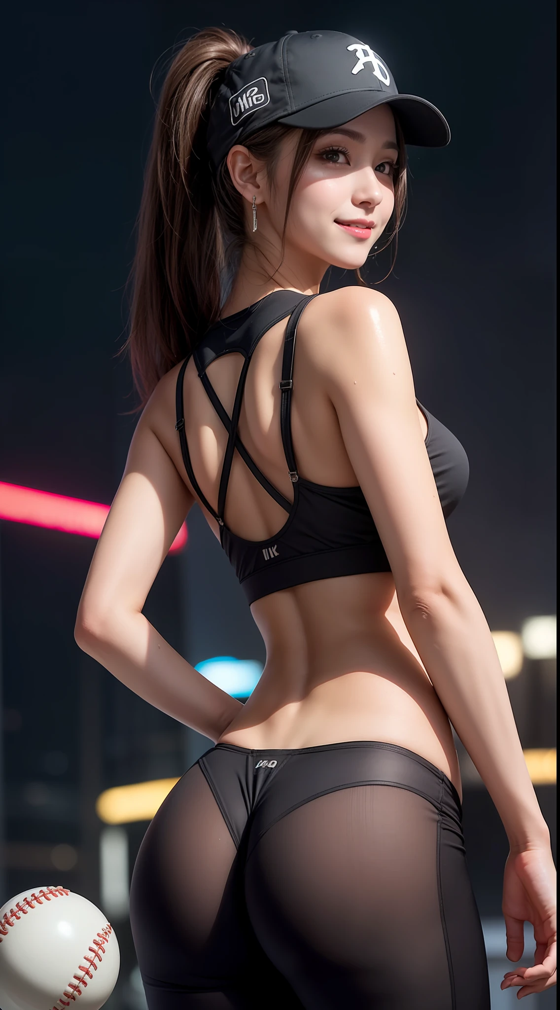 8k, masterpiece, RAW photo, best quality, photorealistic, extremely detailed CG unity 8k wallpaper, Depth of field, Cinematic Light, Lens Flare, Ray tracing, (extremely beautiful face, beautiful lips, beautiful eyes), intricate detail face, ((ultra detailed skin)) 1girl, in the dark, deep shadow, pretty korean girl, kpop idol, 1 girl, (very slim slender fit-muscled body:1.3), ((looking at viewer)),(big smile:1.3), (midnight, dark night, (neon sign), (blurred background), dim light), (without people in the background:1.3), beautiful earrings, bracelets, necklace, clear eyes, walking , front shot, (pale skin), (big eyes), face forward, (upper body shot), (brown hairs), open navel, (looking at viewer:1.3), very slim, medium breasts, (camel toe), thick thighs, turn back, (baseballs cap), ponytail, see through leggings , wet tight shirts, (laced shirts), turning back, ((back shot))