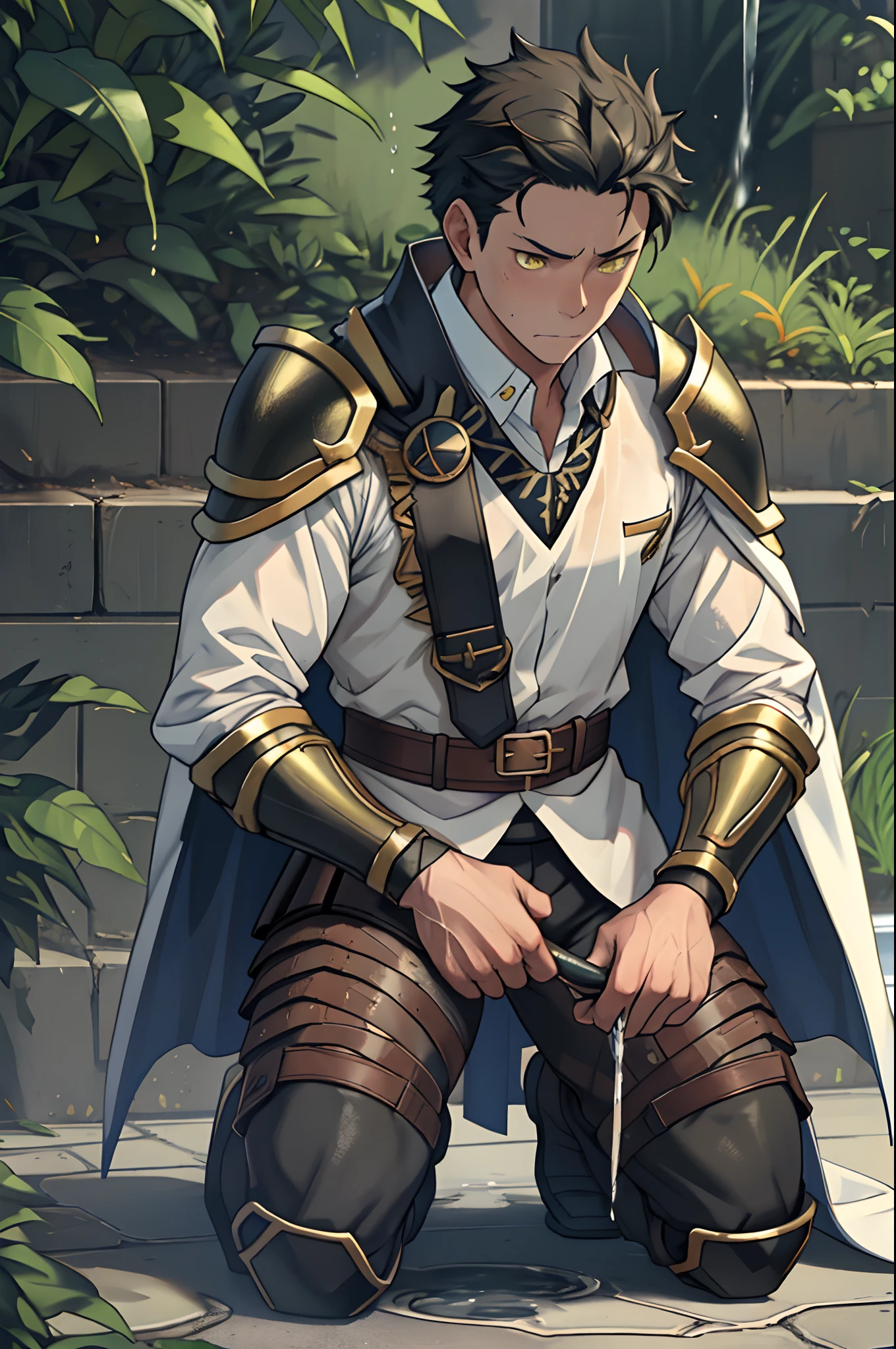 （1 Adult male），A high resolution， Sharp focus， Pixiv masterpiece， （（Complicated details））， highly  detailed， natsuki_subaru， 1 man，Wear tight combat uniforms，Wear armor，perfect male figure，Urine on the trouser leg， Nervously bow your head，is shy，embarressed，exhilarated，is shocked，panicking，worry，A pool of urine formed around him，Very eager to pee，Unbearable，Wet yourself，Urine discharge，full bodyesbian，kneels on the ground，Tired，decadent， Yellow eyes（eyes glowing）， Black hair short hair，Armour，Tie a belt，Cloaked，Cloak，Shoulder armor，perspire，Drenched，Get wet，pissing，urine flows down the pants，look from down