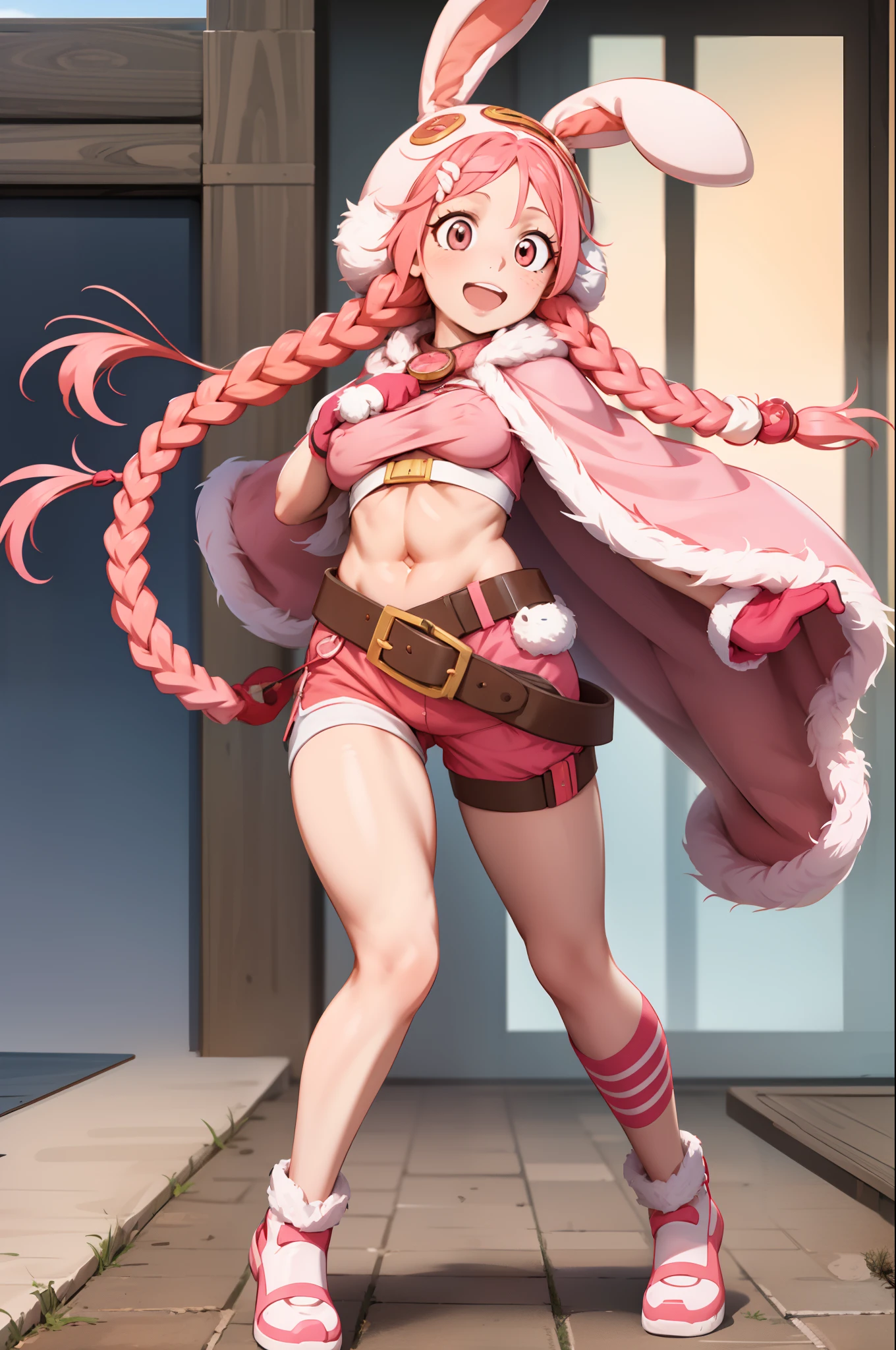 pink hair, long twin braids,mature woman, pink short sleeves, red gloves, light orange eyes, rabbit ear hood, blue shorts, belt, pink cape, cute, high quality, huge breast, full body