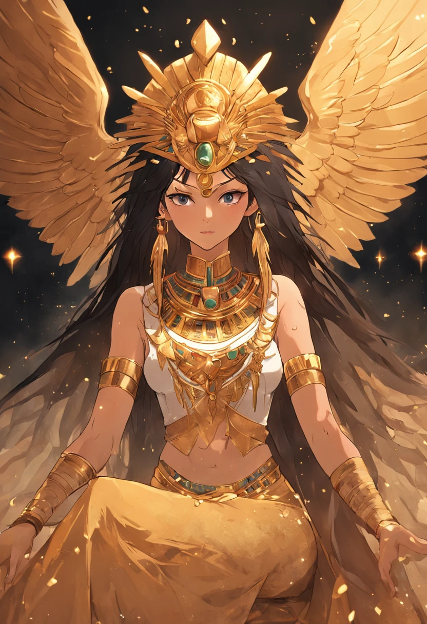 Isis: Main goddess of the Egyptian pantheon dressed in gold and golden makeup with wings spread, in the style of the Egyptian gods, depicted with a throne-shaped head adornment, a reference to Osiris. coberto de joias de luxo, joias, luxo, EGYPTIAN SYMBOLS, joias de pintores e escultores, detalhes altos, Realistic, Detalhamento ultra intrincado, 8k, Cinematic lighting, cinemactic. Image with resolution of at least 300dpi