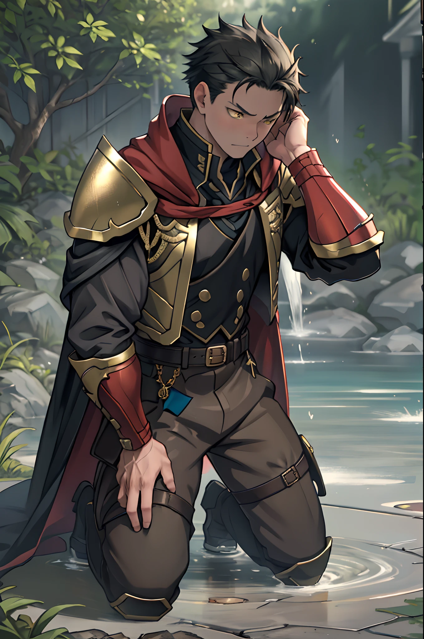 （1 Adult male），A high resolution， Sharp focus， Pixiv masterpiece， （（Complicated details））， highly  detailed， natsuki_subaru， 1 man，Wear tight combat uniforms，Wear armor，perfect male figure，Urine on the trouser leg， Nervously bow your head，is shy，embarressed，exhilarated，is shocked，panicking，worry，A pool of urine formed around him，Very eager to pee，Unbearable，Wet yourself，Urine discharge，full bodyesbian，kneels on the ground，Tired，decadent， Yellow eyes（eyes glowing）， Black hair short hair，Armour，Tie a belt，Cloaked，Cloak，Shoulder armor，perspire，Drenched，Get wet，pissing，urine flows down the pants，look from down